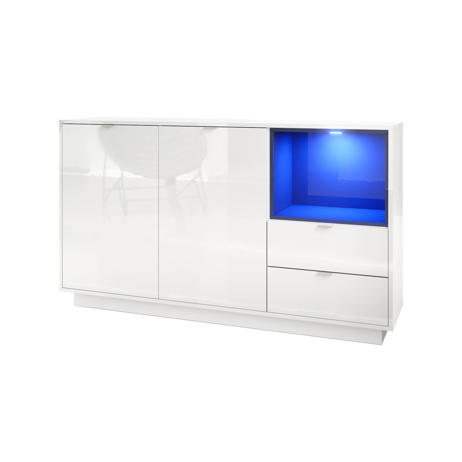 Sideboard  Metro  mit 2 Türen, 2 Schubladen und 1 offenem Fach Weiß Hochglanz/Schwarz Hochglanz inkl. LED Beleuchtung (153x88x38 cm)