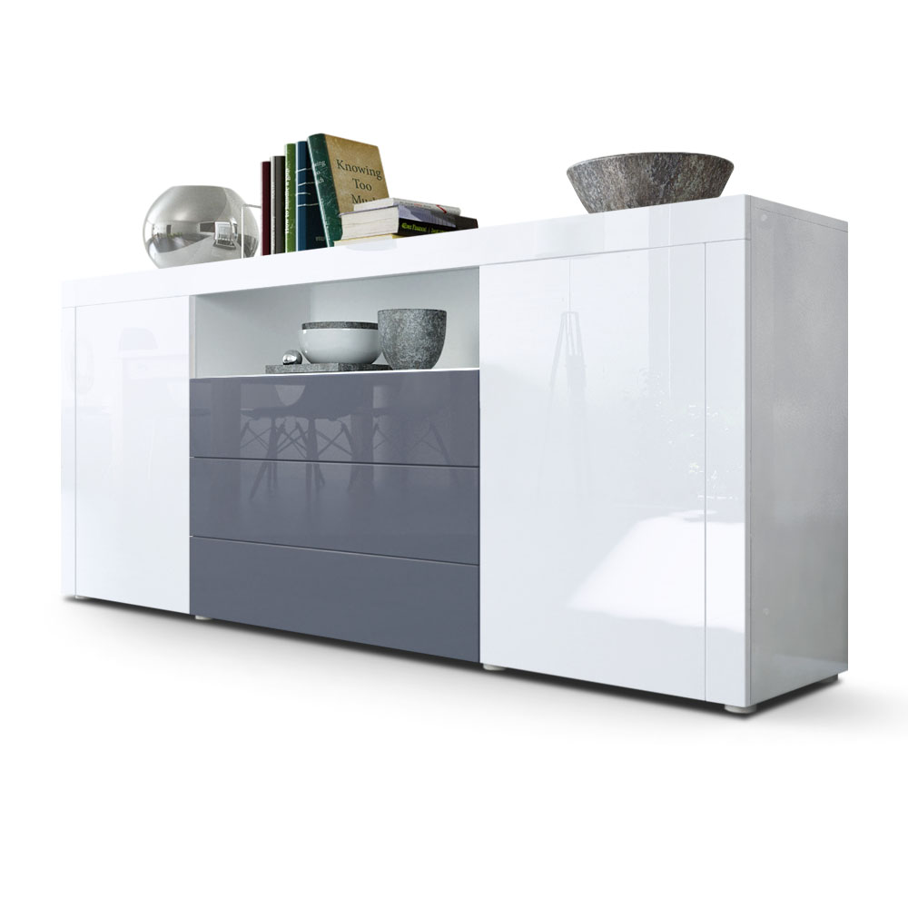 Sideboard Santiago mit 2 großen Türen und 3 Schubladen Weiß Hochglanz/Grau Hochglanz (167 x 72 x 35 cm)