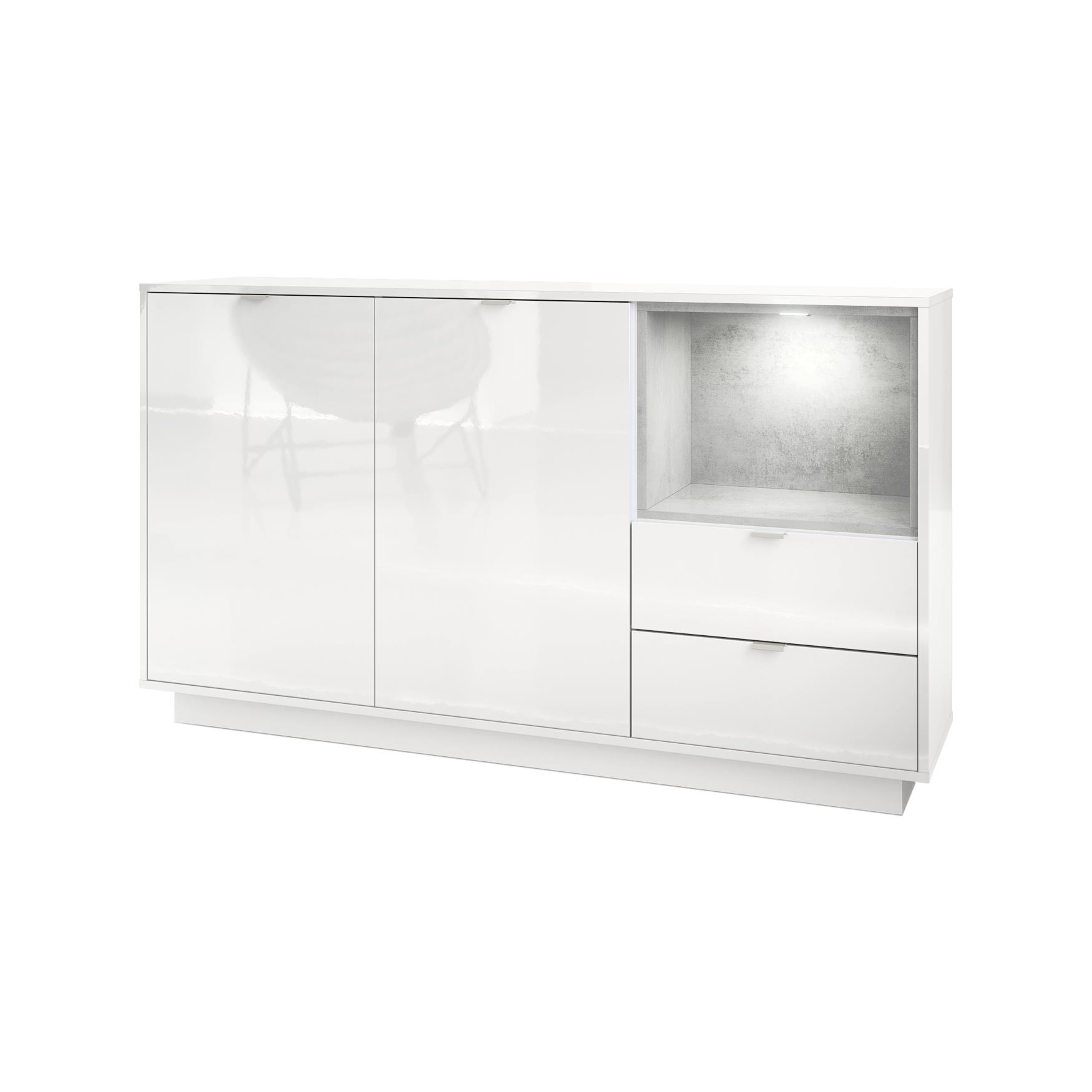 Sideboard  Metro  mit 2 Türen, 2 Schubladen und 1 offenem Fach Weiß Hochglanz/Beton Oxid Optik inkl. LED Beleuchtung (153x88x38 cm)