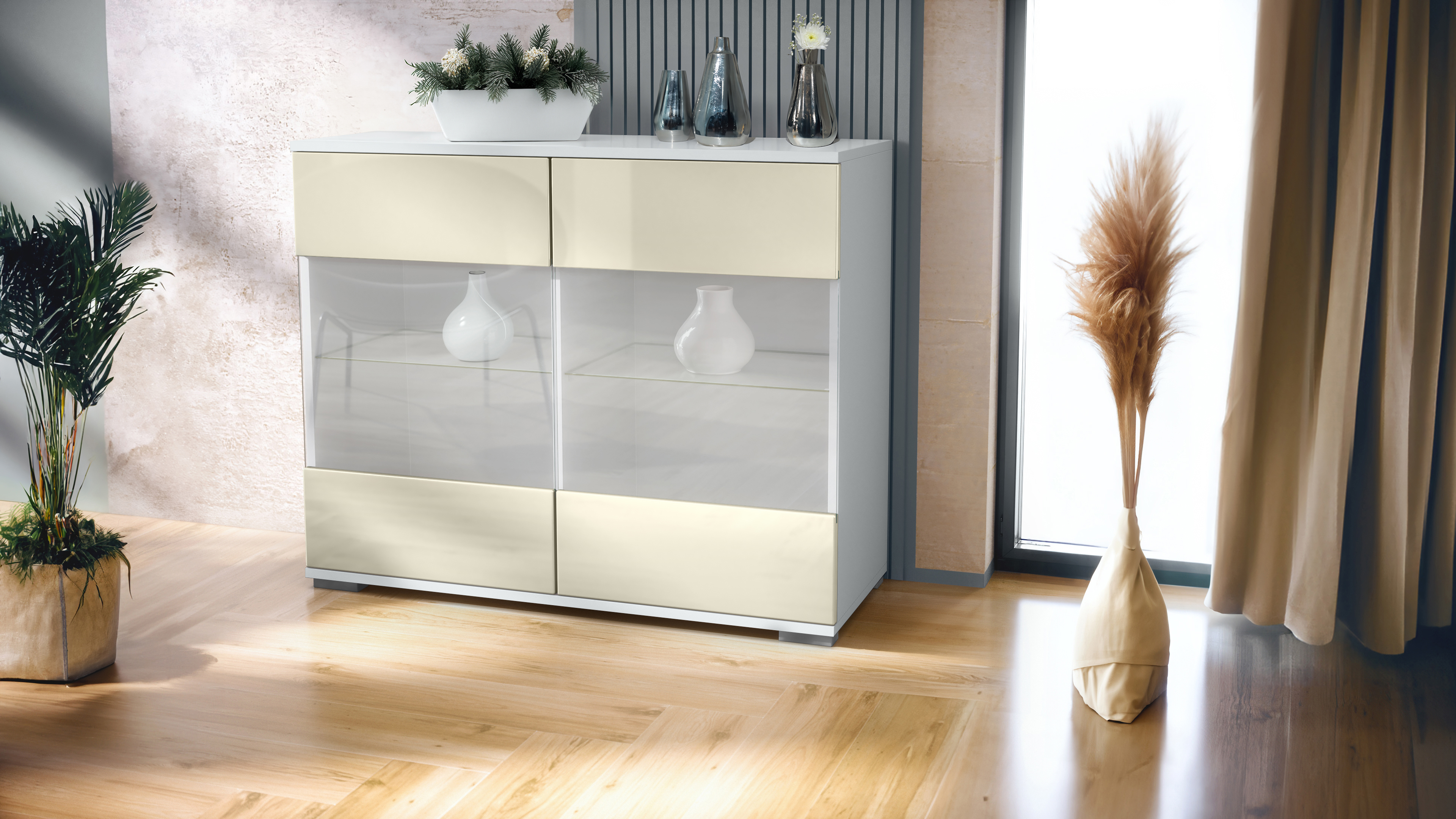 Bari V3 Kommode Weiß mit 2 großen Glastüren Weiß matt / Creme Hochglanz (92,5 x 75.5 x 35)