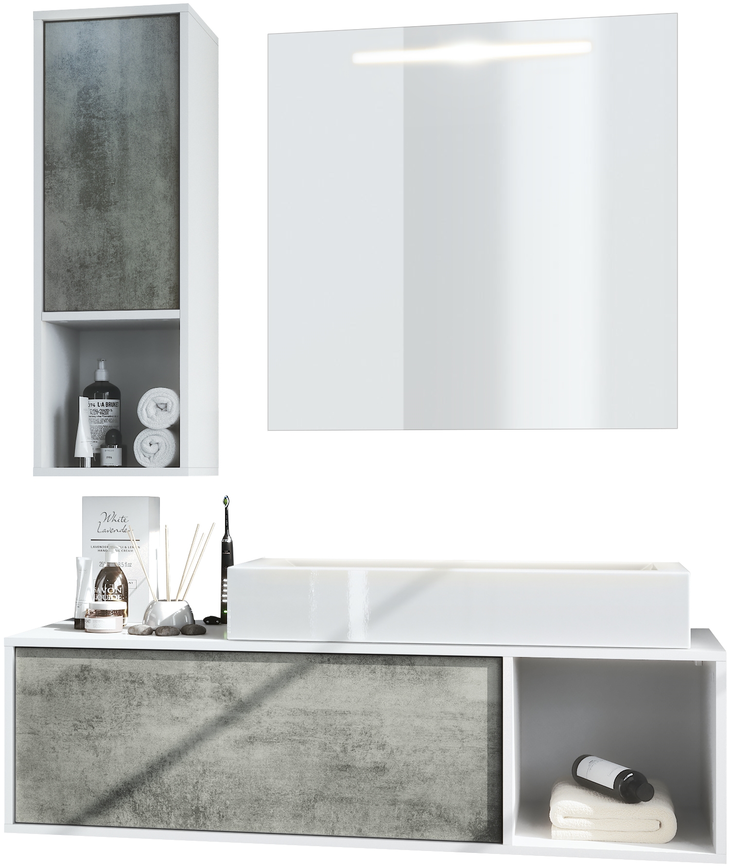 Badmöbel-Set La Costa 1 Unterschrank, 1 LED-Spiegel und 1 Waschbecken Korpus Weiß matt/Fronten Beton Dunkel Optik (‎126,5 x 195 x 46 cm)