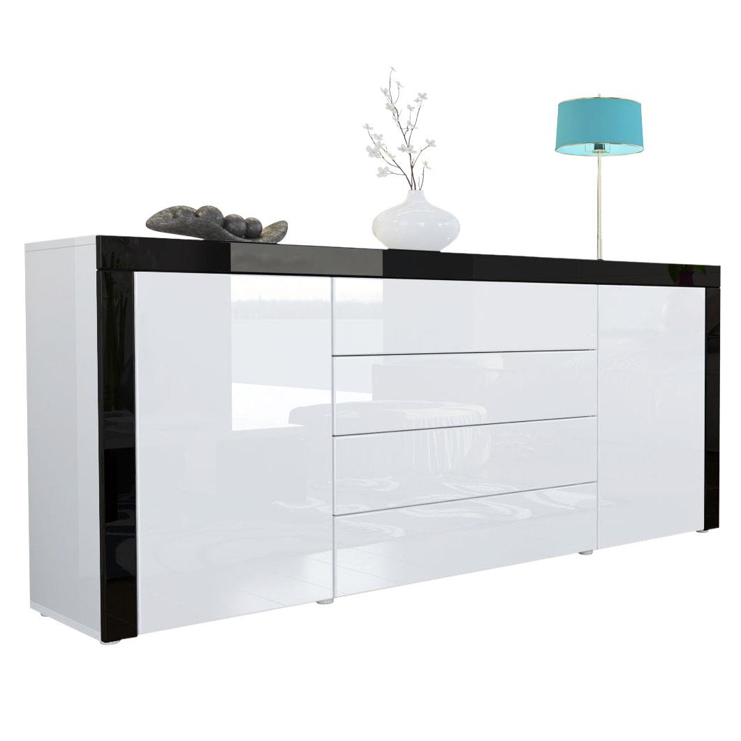 Sideboard La Paz mit 2 Türen und 4 Schubladen Weiß Hochglanz / Schwarz Hochglanz (167 x 72 x 35)