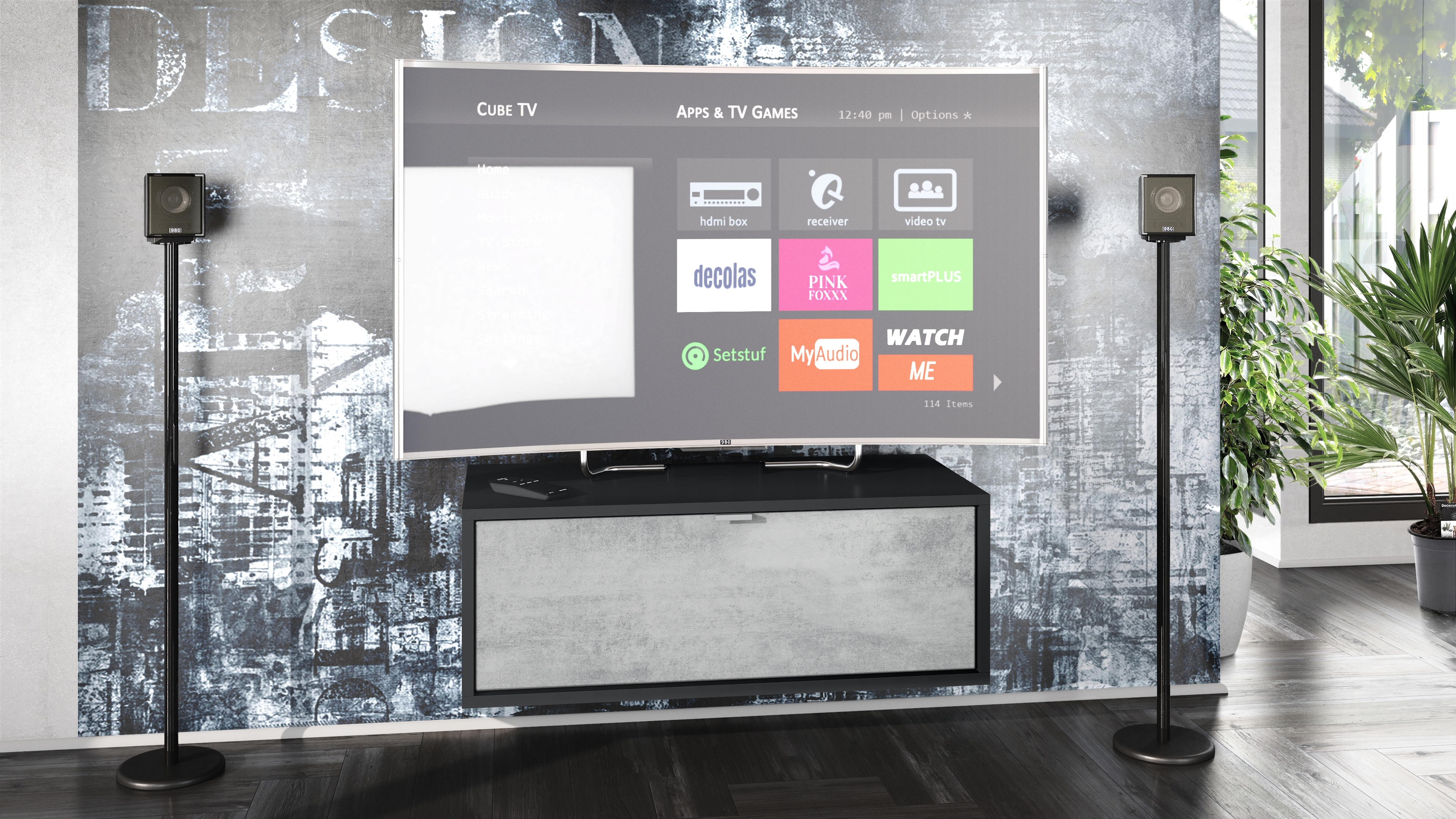 Lowboard Lana 800 mit Klappe Schwarz matt/Beton Oxid Optik (80 x 29 x 37 cm)