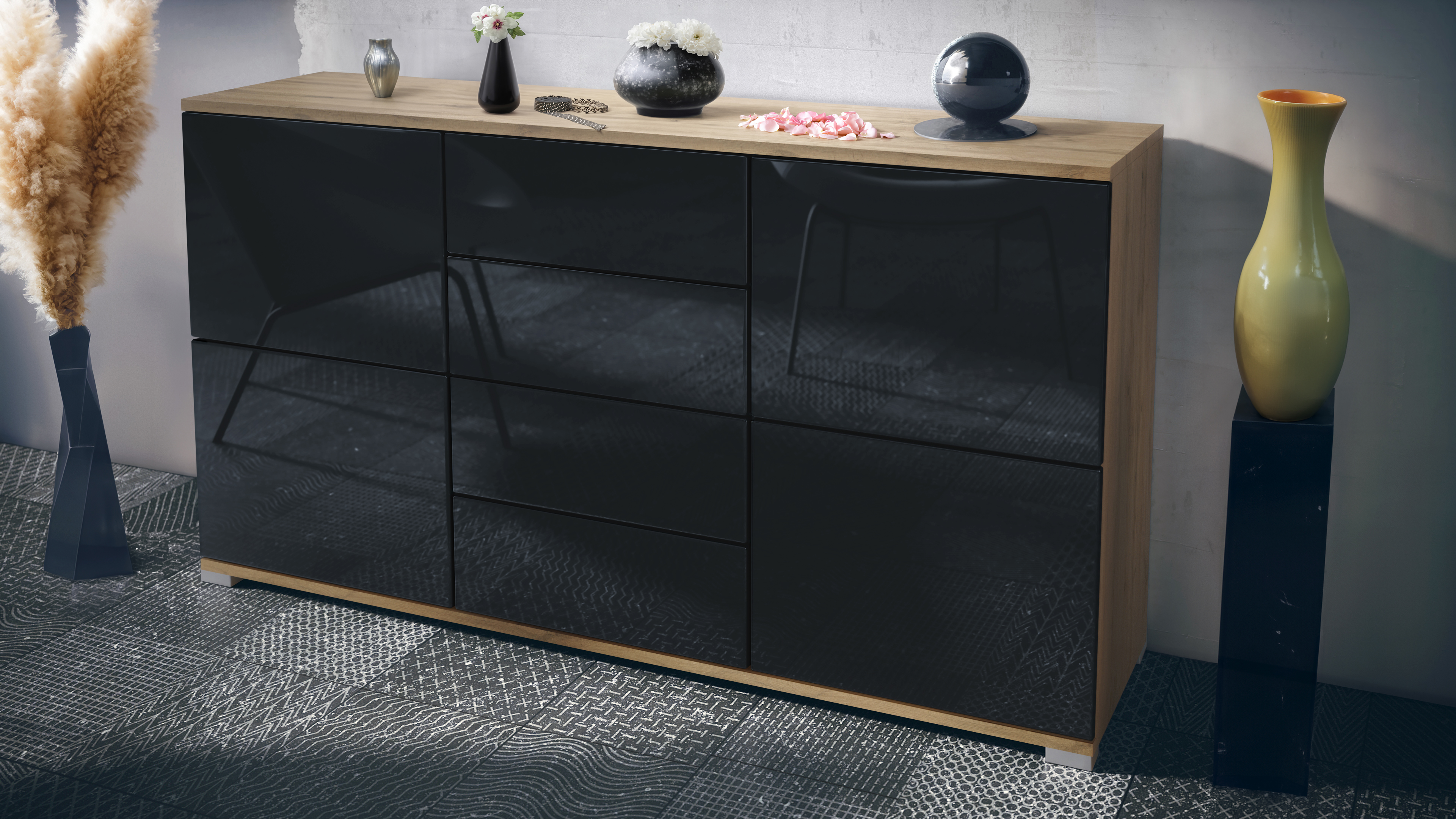 Sideboard Rova V1 4 Schubladen, Made in Germany, Eiche Evoke/Schwarz Hochglanz (138,5 x 75,5 x 35)