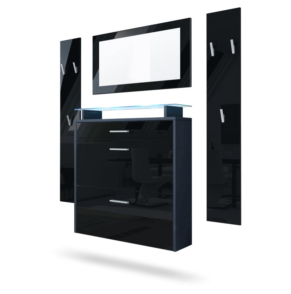 Garderobenset Malea 1 Wandspiegel und 2 Garderobenpaneele Anthrazit matt/Schwarz Hochglanz, inkl. LED-Beleuchtung blau