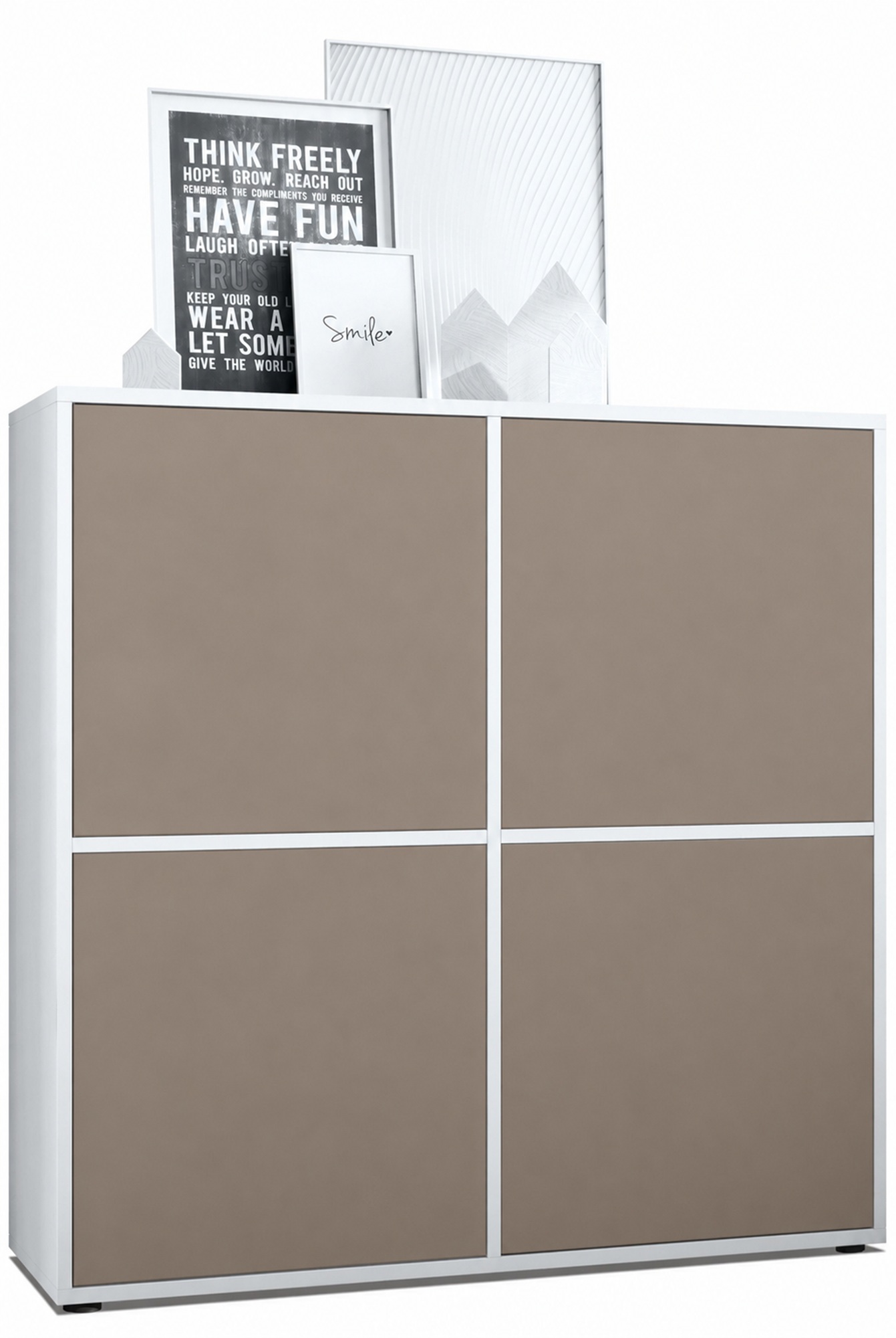 Highboard Cuba V2 Sideboard mit 4 Türen Push-to-Open, Made in Germany Weiß matt / Cocoa matt (104 x 105,5 x 35,5 cm)