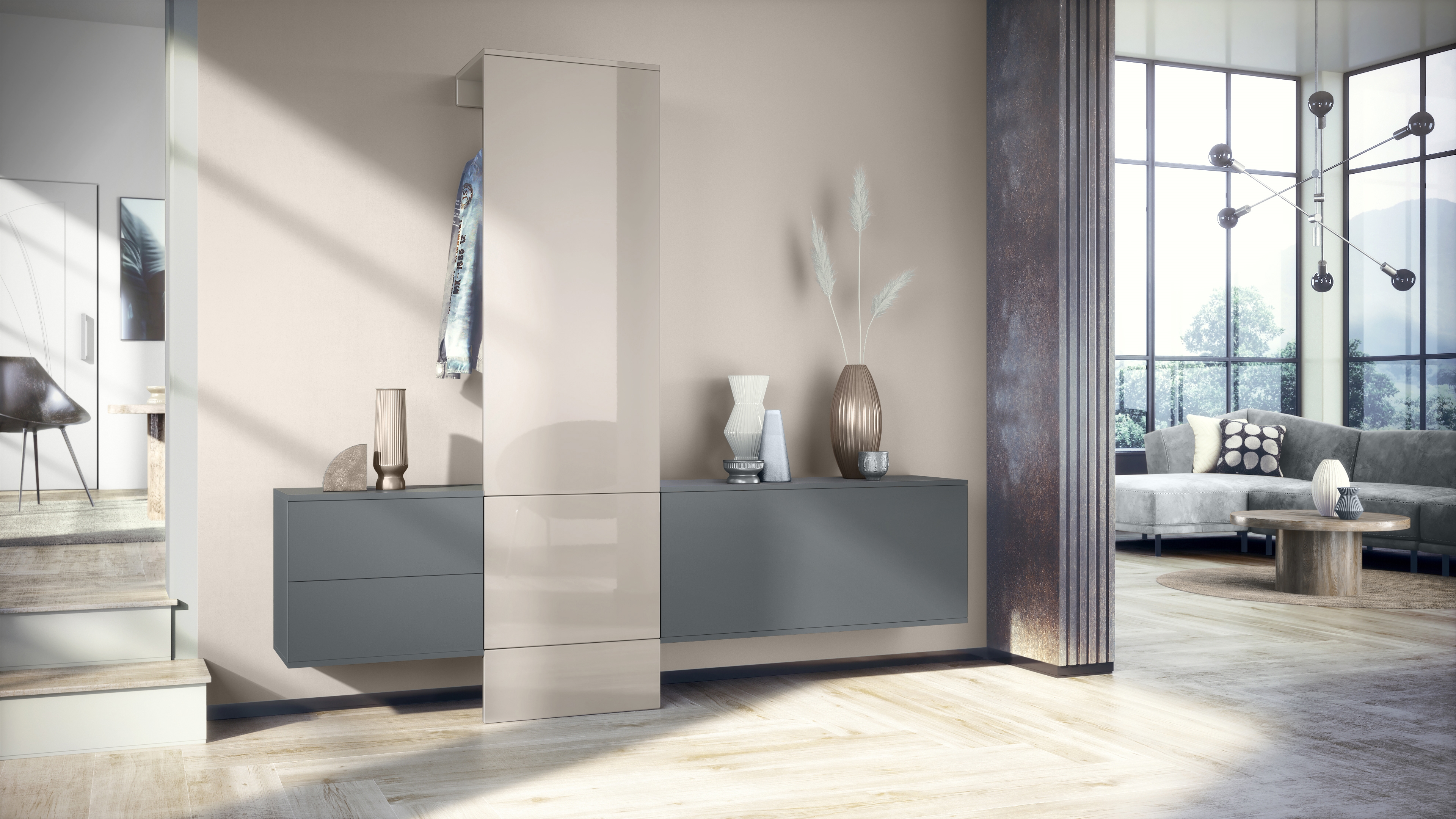 Garderobe Carlton Set 1 Anthrazit 4-tlg. 1 Paneel, 1 Schubkastenschrank und 1 Schrankmodul Anthrazit matt/Sandgrau Hochglanz (209 x 193 x 35 cm)