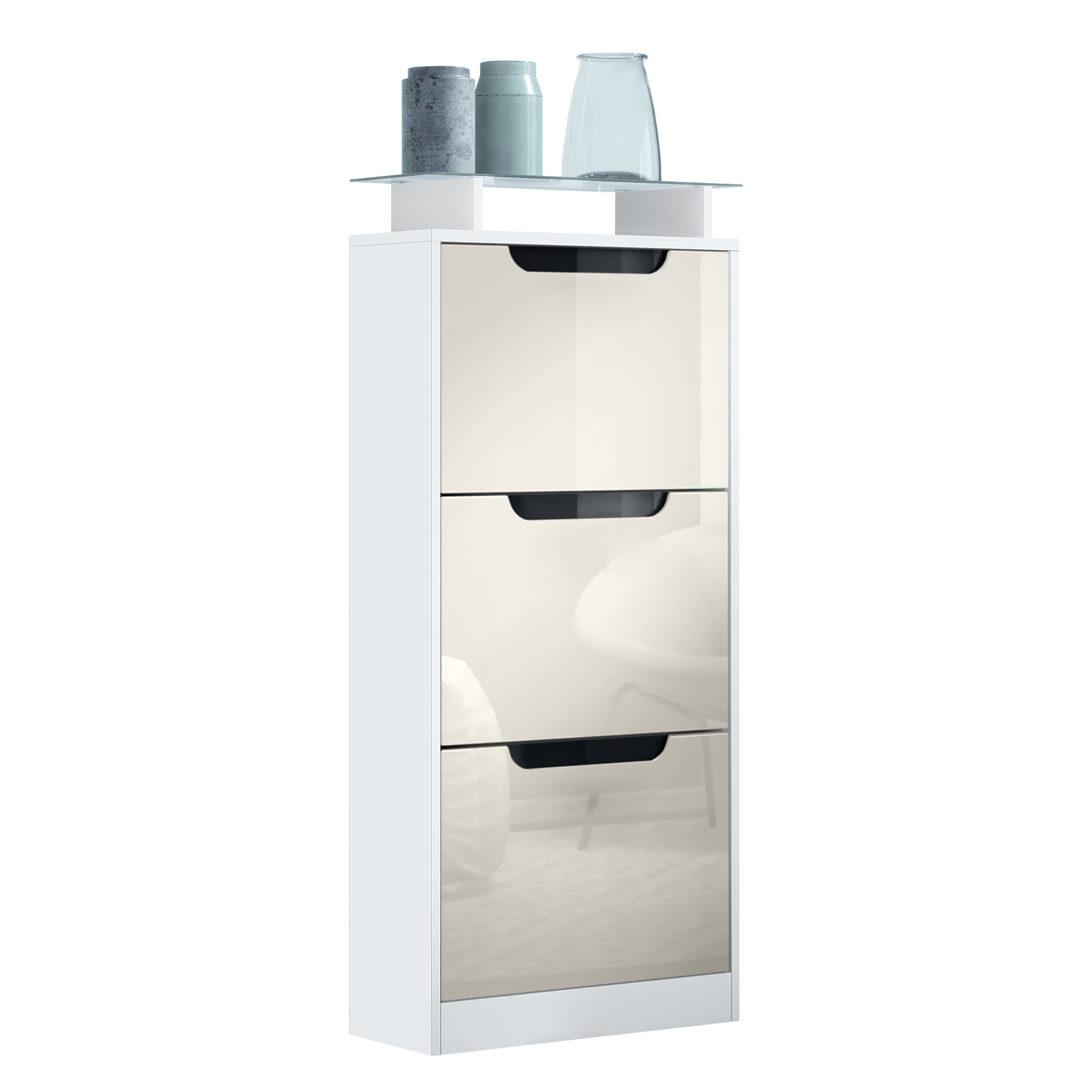 Schuhschrank Space V2 Weiß matt für 12 Paar Schuhe mit 3 Klappen und Glasablage Weiß matt/Creme Hochglanz (46 x 128 x 23 cm) Schuhschrank Space V2 Weiß matt für 12 Paar Schuhe mit 3 Klappen und Glasablage Weiß matt/Creme Hochglanz (46 x 128 x 23 cm)