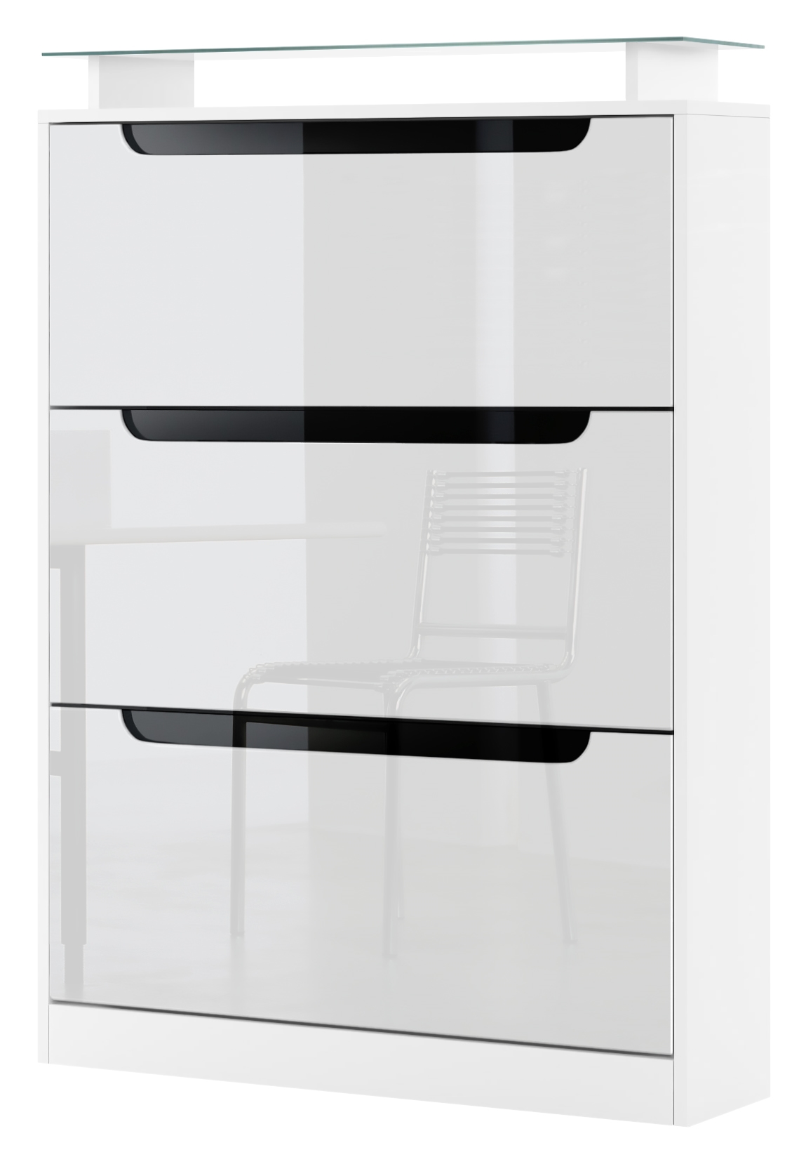 Schuhschrank Space  für 24 Paar Schuhe mit 3 Klappen und Glasablage Weiß matt&glänzend mit Absetzungen in Schwarz glänzend (89x128x23 cm)