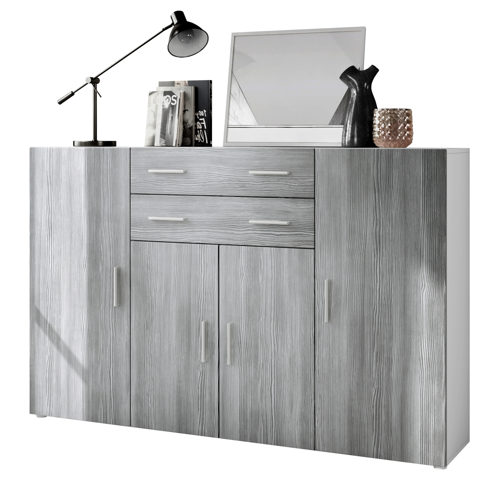 Highboard Aron  mit 4 Türen und 2 Schubladen Weiß matt/Avola-Anthrazit (166,5 x 106,5 x 35 cm)