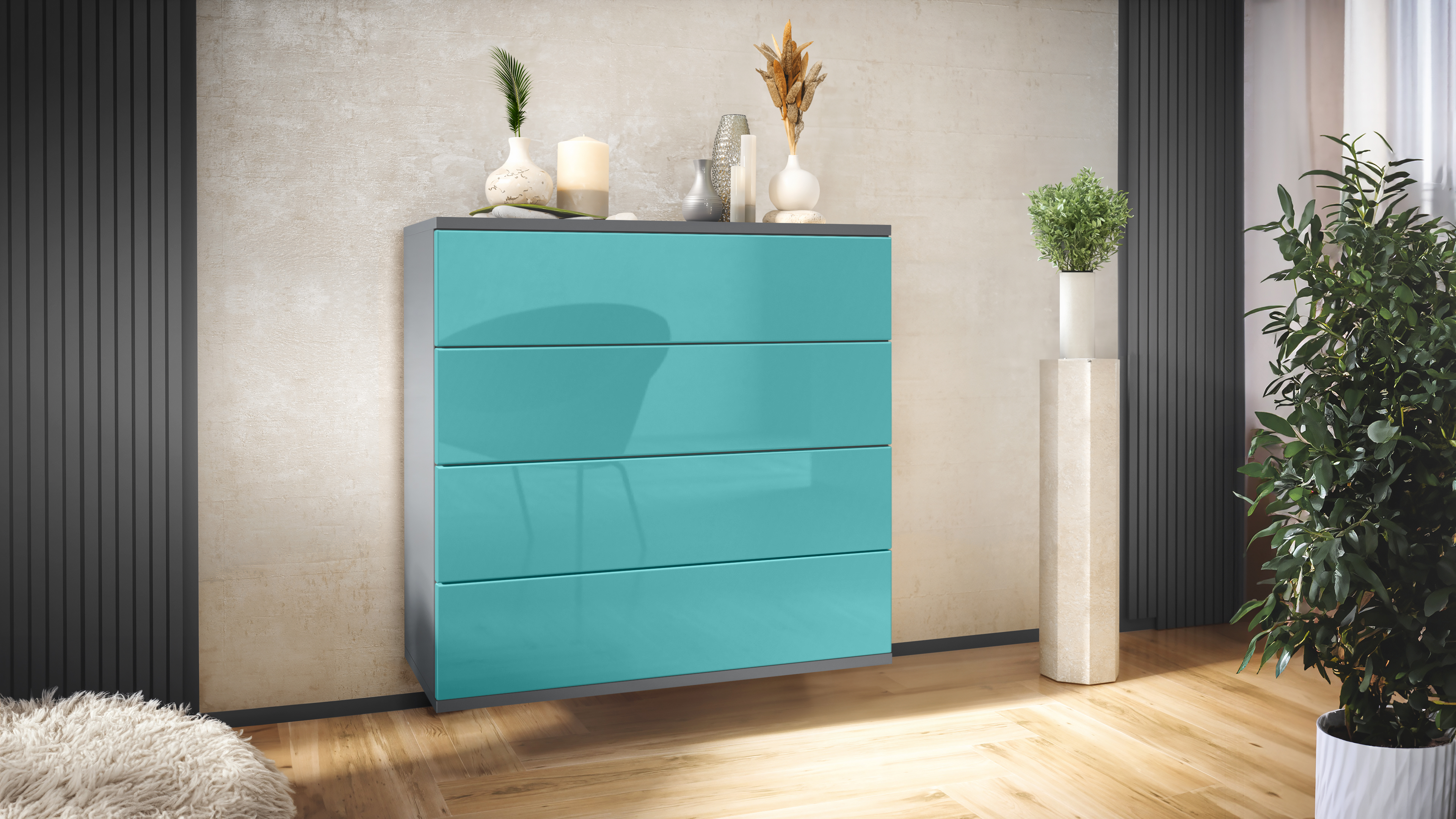 Kommode Pavos V3 hängend mit 4 Schubladen Anthrazit matt/Petrol Hochglanz (76 x 76 x 35 cm)