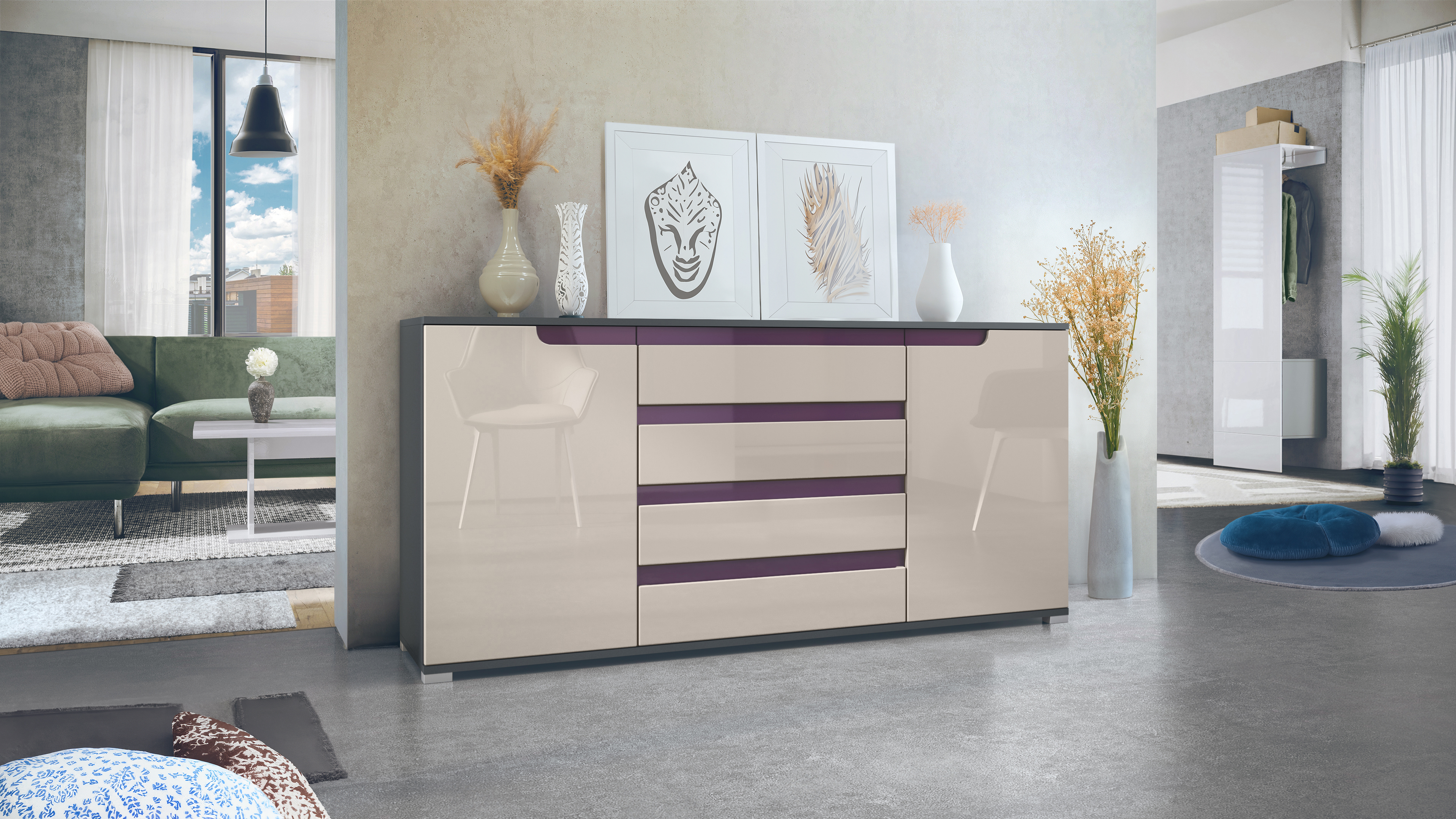 Sideboard Sylt V2 Anthrazit Korpus - Anthrazit matt / Front - Sandgrau Hochglanz / Absetzung - Brombeer Hochglanz (166,5 x 75,5 x 35 cm)