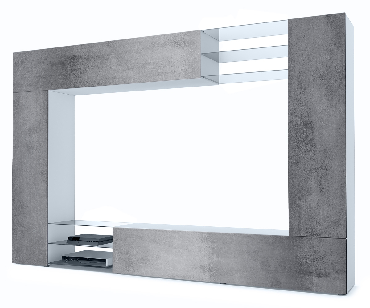 Wohnwand Mirage 2 Klappen und 6 offenen Glasablagen Weiß matt/Beton Dunkel Optik (262 x 183 x 39 cm)