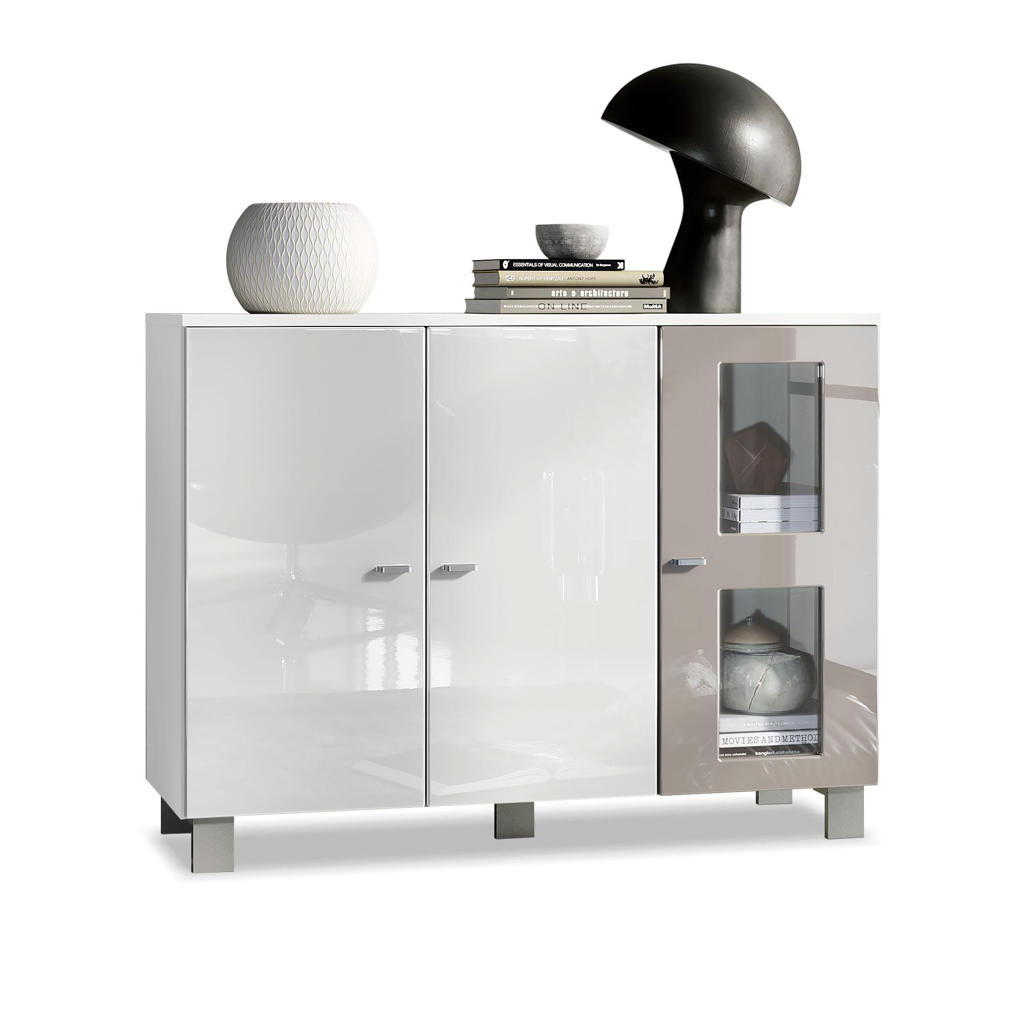 Sideboard Denjo  mit 3 Türen Weiß matt/Weiß Hochglanz/Sandgrau Hochglanz (107 x 81 x 35 cm)