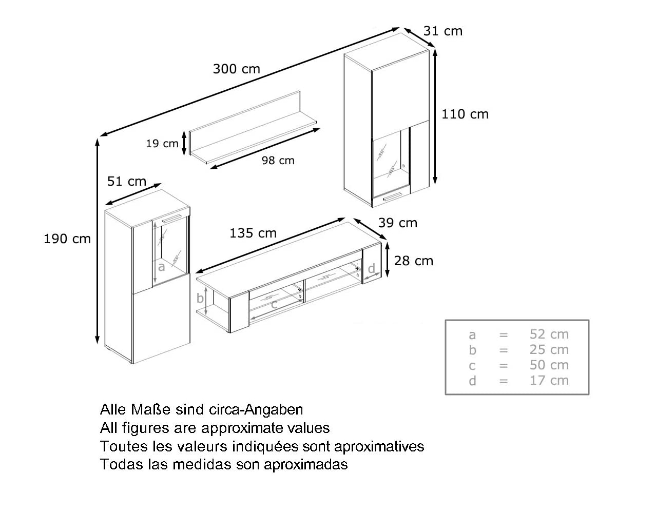 Wohnwand Movie 4-tlg. Schwarz mit LED  bestehend aus 1 TV-Board, 2 Vitrinen und 1 Regal Schwarz matt/Avola-Anthrazit mit Beleuchtung (300x190x39 cm)