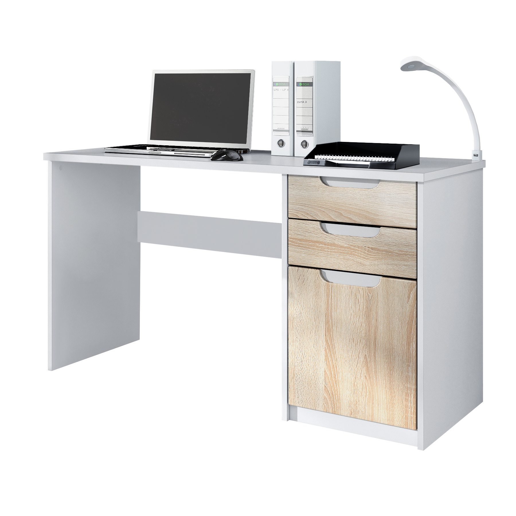 Schreibtisch Logan mit 2 Schubladen und 1 Tür Weiß matt/Eiche sägerau (129 x 76 x 60 cm)