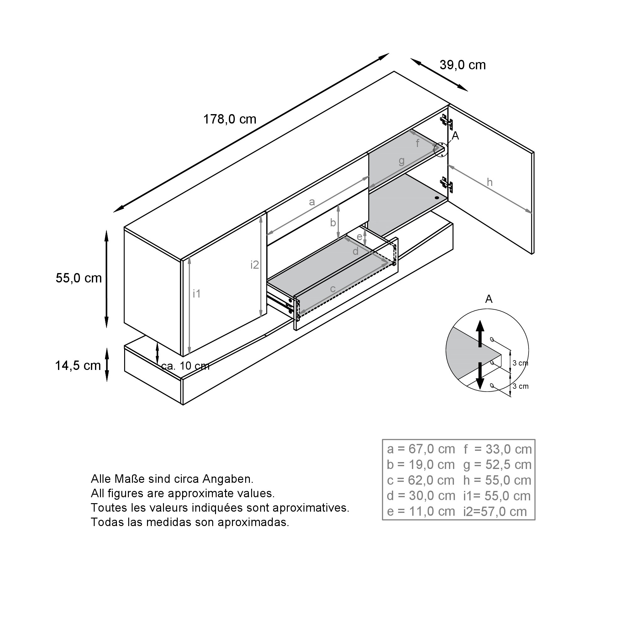 Sideboard City  mit 2 Türen und 3 Schubladen Weiß matt/Weiß Hochglanz (178 x 72 x 38 cm)