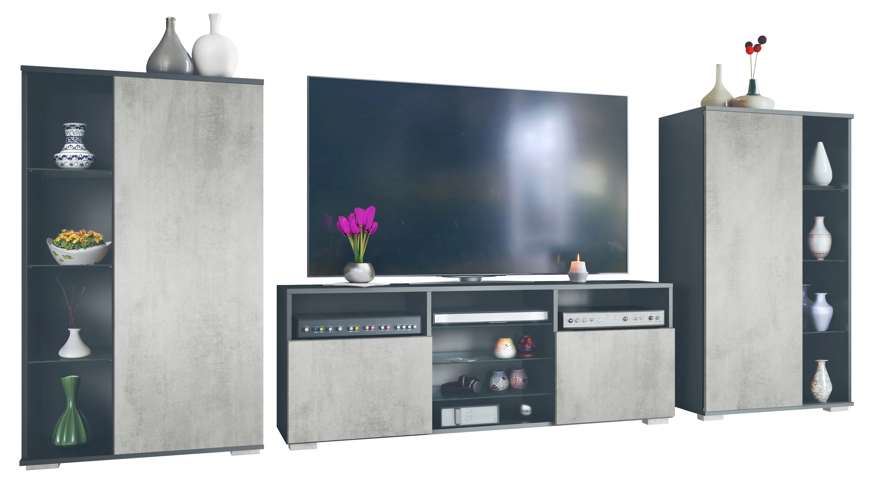 Wohnwand 3-tlg. Davos Anthrazit bestehend aus 2 Vitrinen und 1 TV-Board Anthrazit matt/Beton Oxid Optik (329 x 134 x 35 cm)