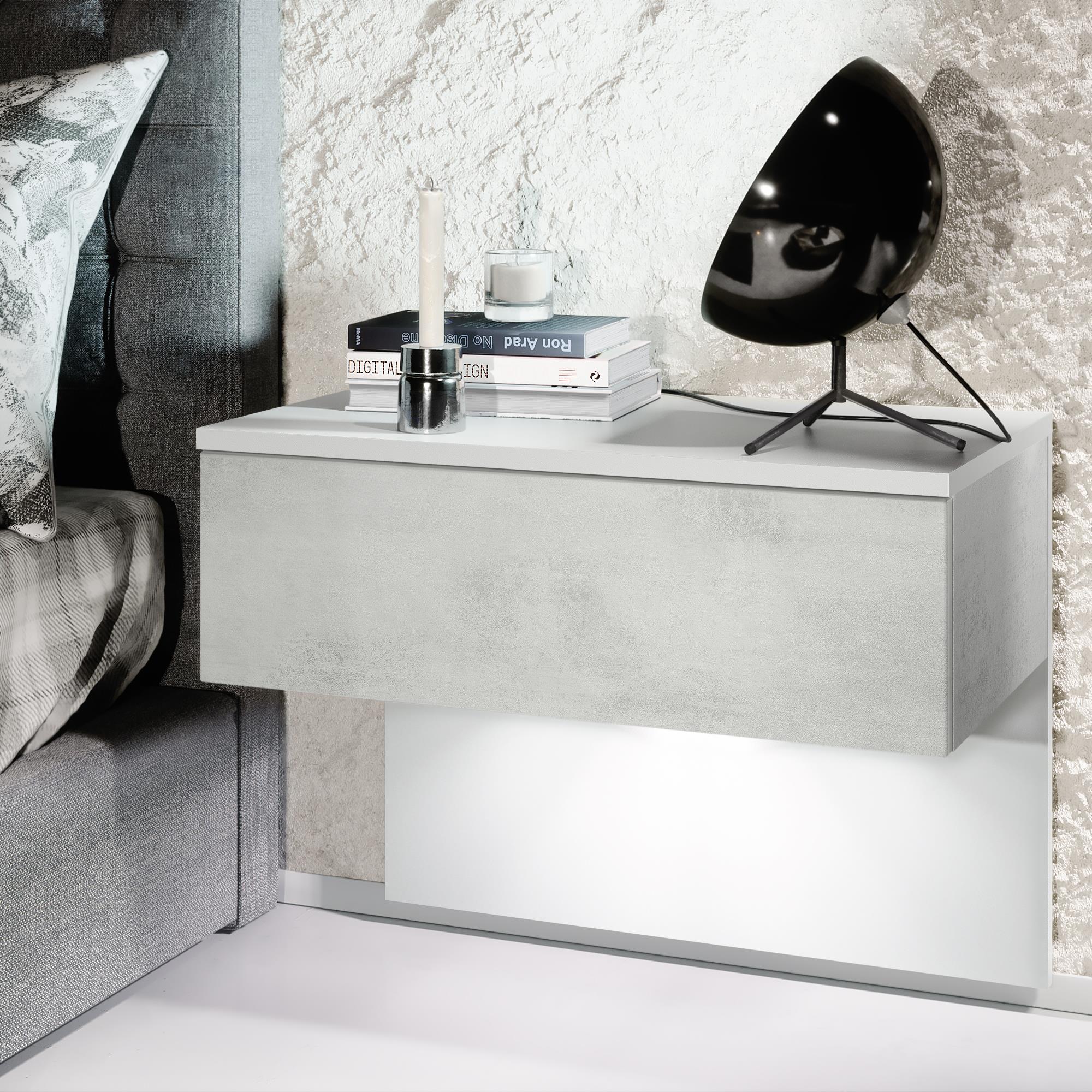 Nachttisch Sleep  mit Schublade zur Wandmontage Weiß matt/Beton Oxid Optik, inkl. LED-Beleuchtung (60 x 46 x 35 cm)