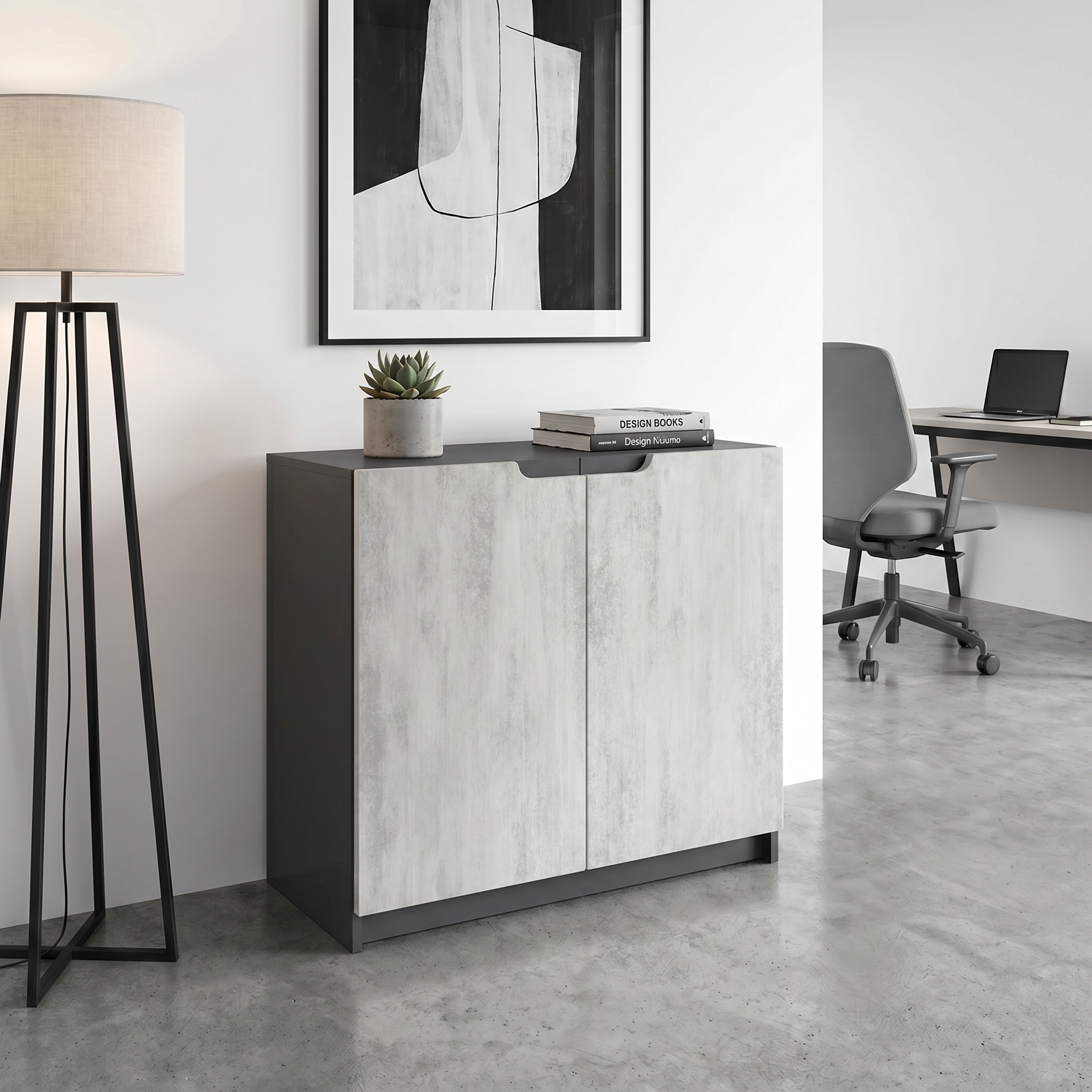 Kommode Logan mit 2 Türen Schwarz matt/Beton Oxid Optik (82 x 78 x 37 cm)