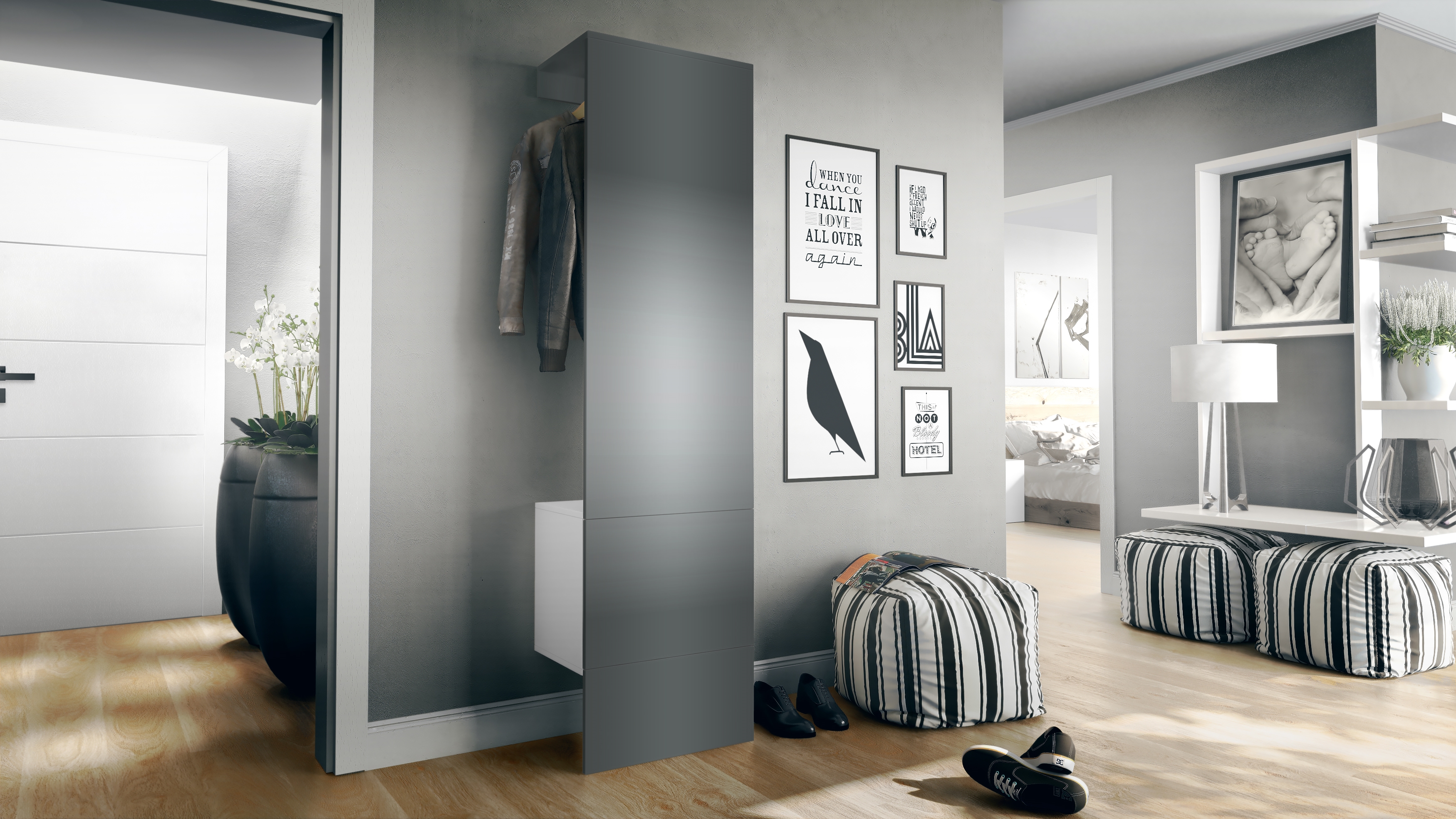 Garderobe Carlton Set 5 Weiß 1-tlg. mit integrierter Tür und 1 Kleiderstange Weiß matt/Graphit seidenmatt  (52 x 193 x 35 cm)