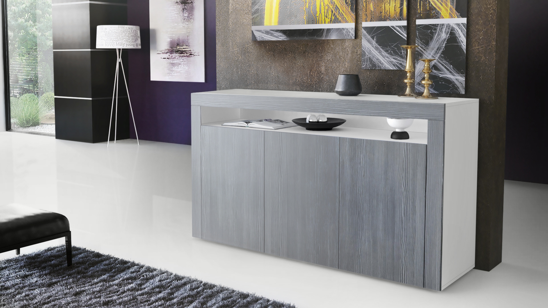 Sideboard Valencia mit 3 Türen und 1 offenem Fach Weiß matt/Avola-Anthrazit/Avola-Anthrazit (155 x 92 x 40 cm)