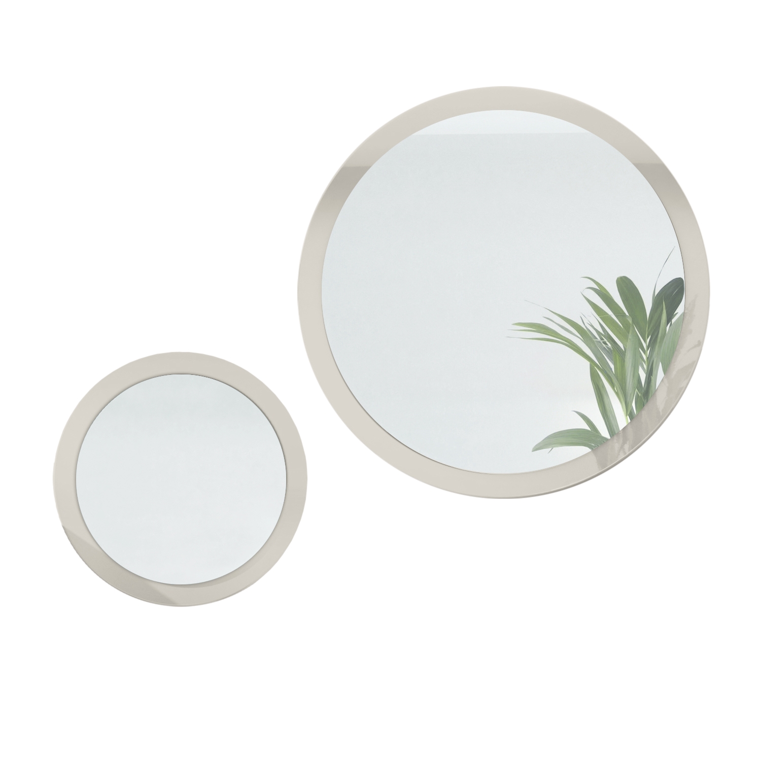 Globe Spiegel 2er-Set (Typ 50+80) für Flur und Wohnzimmer mit MDF-Rahmen in Sandgrau Hochglanz (50 und 80 cm Durchmesser)