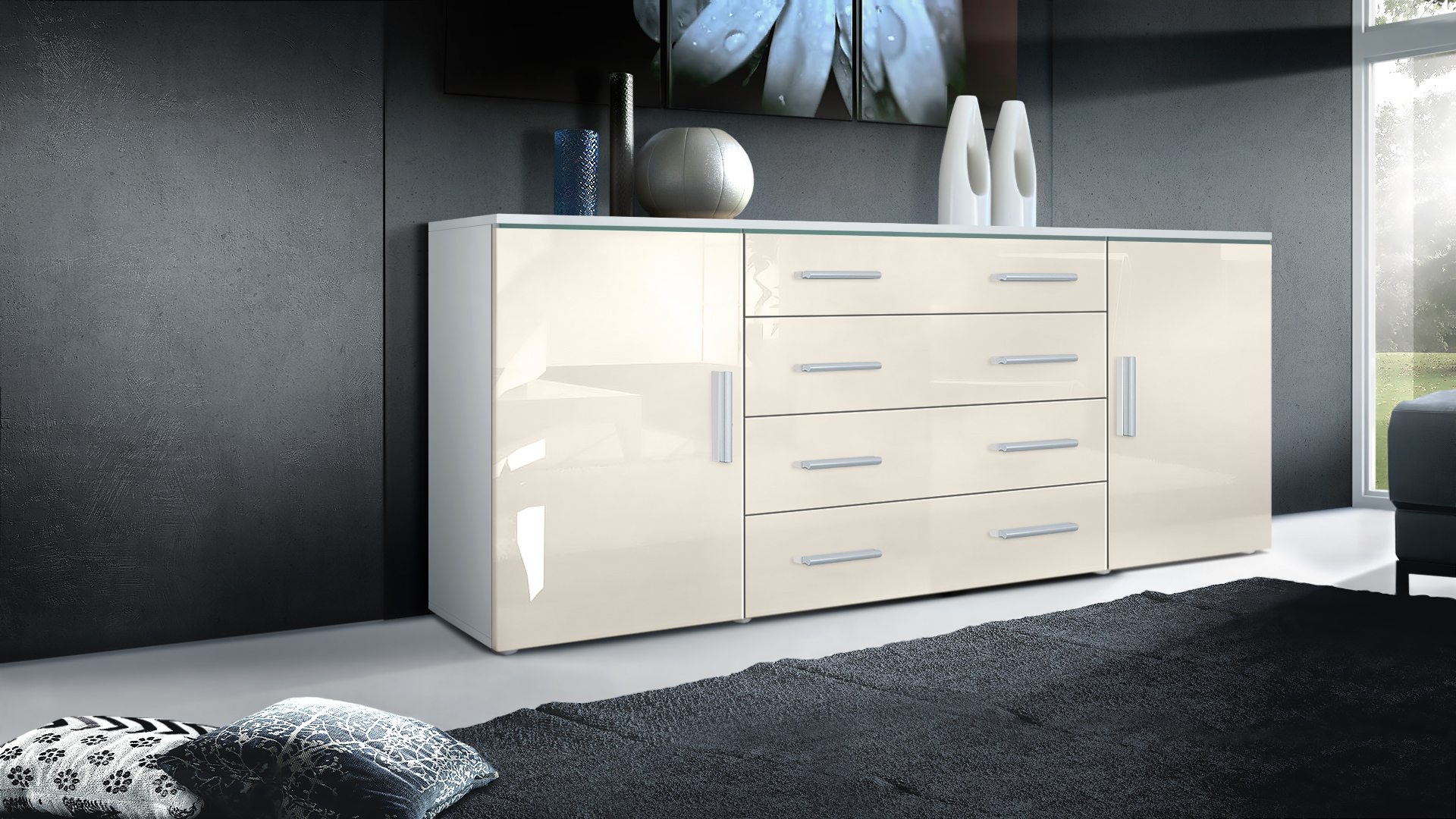 Sideboard Faro V2 mit 2 Türen und 4 Schubladen Weiß matt/Creme Hochglanz (166 x 72 x 35)