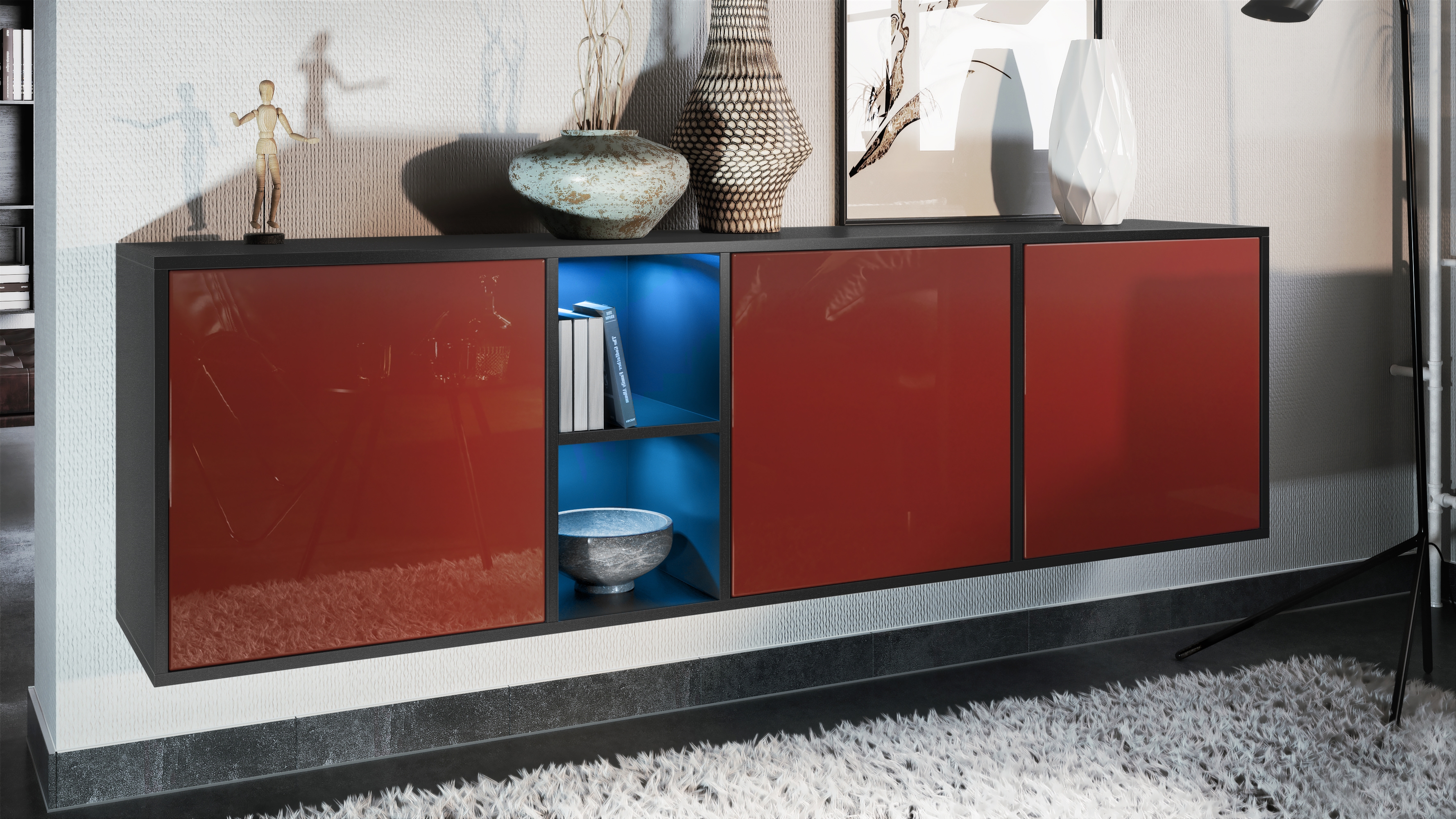 Sideboard Cuba  mit 3 Türen und 2 offene Fächer Schwarz matt/Brodeaux Hochglanz inkl. LED-Beleuchtung (182x53x35 cm)