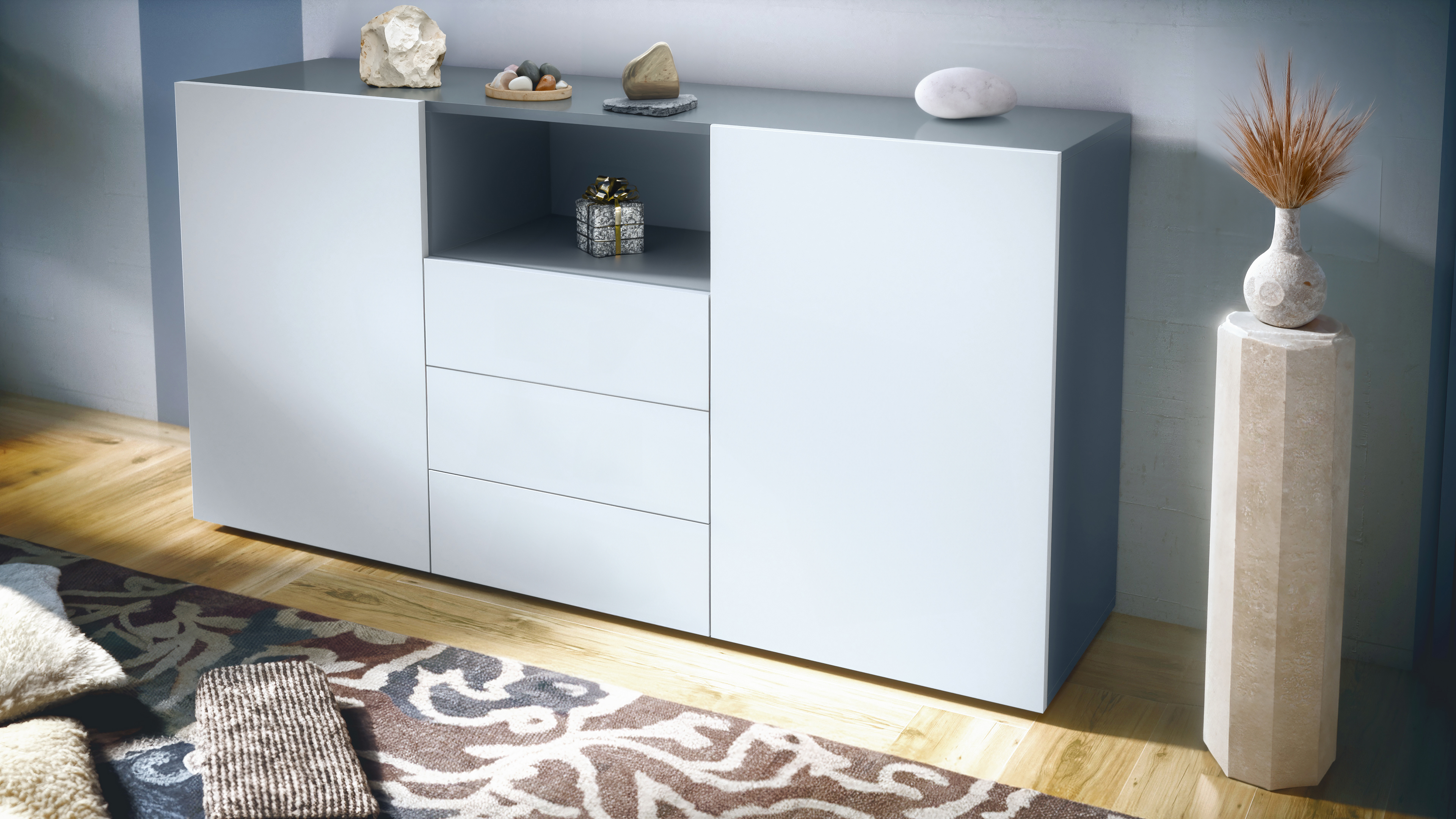 Skadu Neo Sideboard Anthrazit mit 2 Türen, 3 Schubladen und 1 offenem Fach Anthrazit matt/Weiß matt (138,5 x 71,5 x 35 cm)