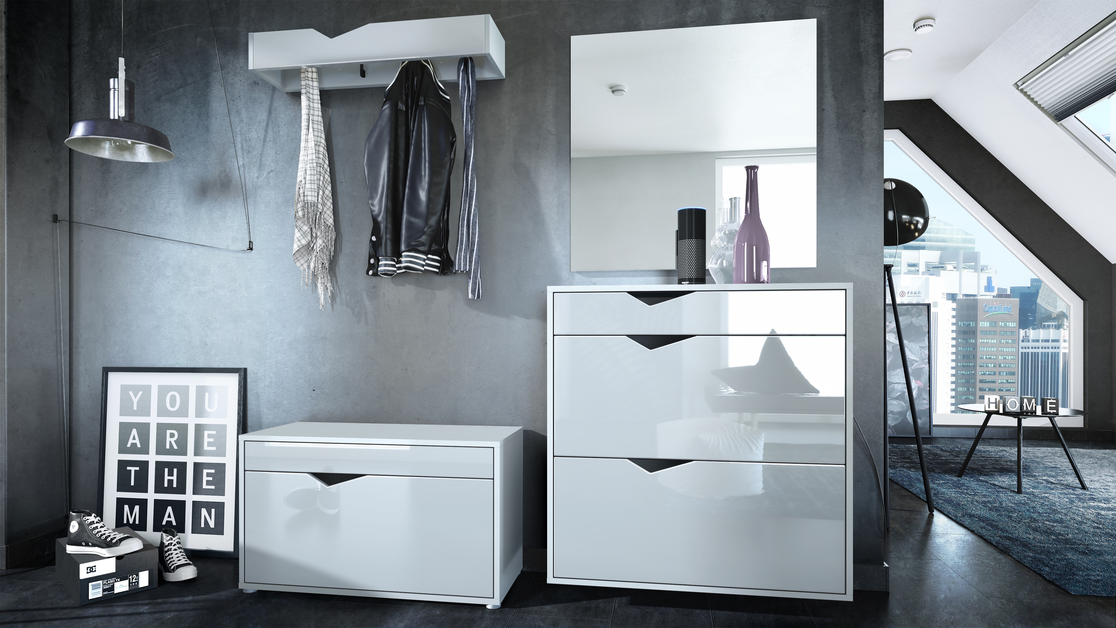 Garderobenset Kolmio 1 Schuhbank, 1 Spiegel und 1 Wandgarderobe Weiß matt/Weiß Hochglanz (190 x 185 x 33 cm)
