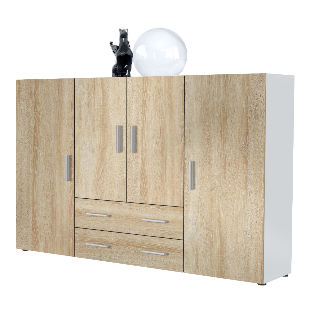 Highboard Nora und 4 Türen mit insgesamt 8 Fächer dahinter Weiß matt/Eiche sägerau (166,5 x 106,5 x 35 cm)