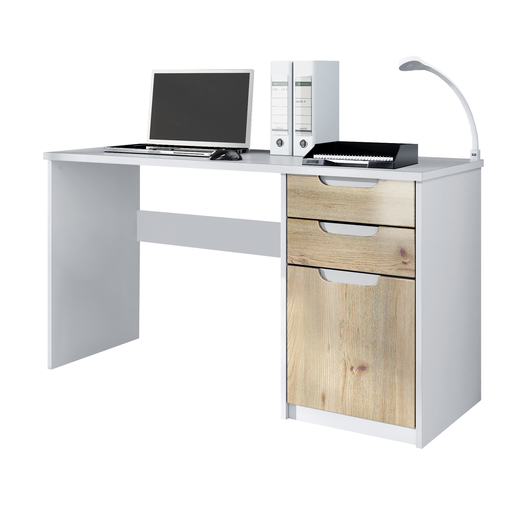 Schreibtisch Logan mit 2 Schubladen und 1 Tür Weiß matt/Eiche Nordic (129 x 76 x 60 cm)