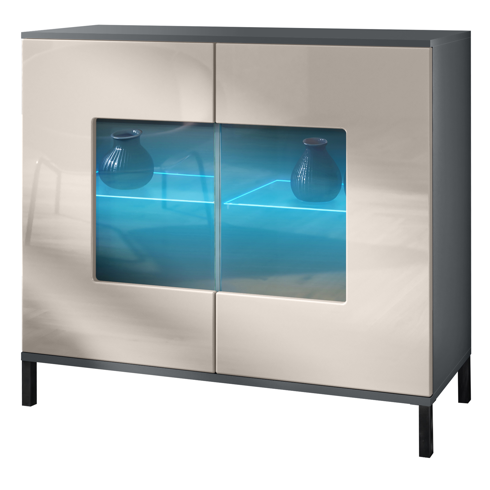 Grömitz V3 Kommode Anthrazit + LED mit 2 großen Glastüren inkl. RGB Beleuchtung Anthrazit matt / Sandgrau Hochglanz (92,5 x 83.5 x 35)