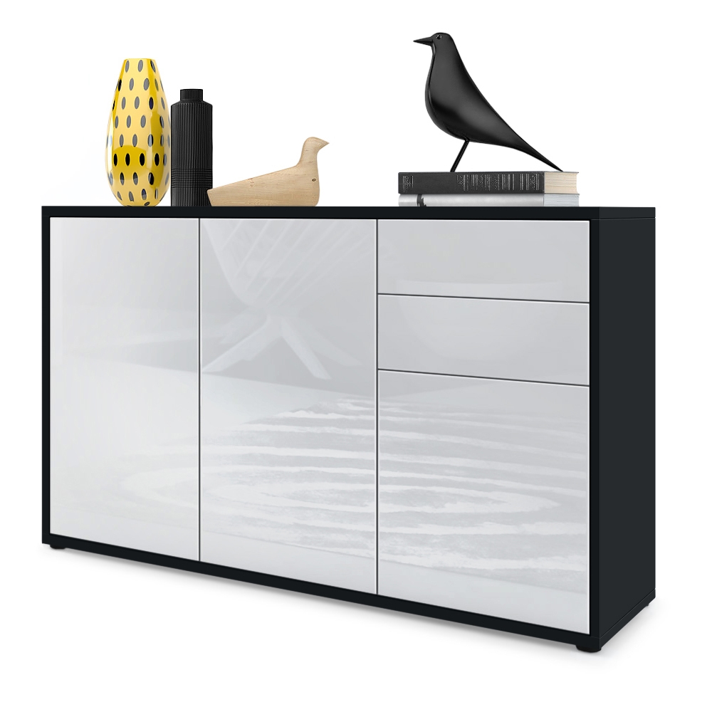 Kommode Ben V3  mit 3 Türen und 2 Schubladen Schwarz matt/Weiß Hochglanz (117 x 74 x 36 cm)