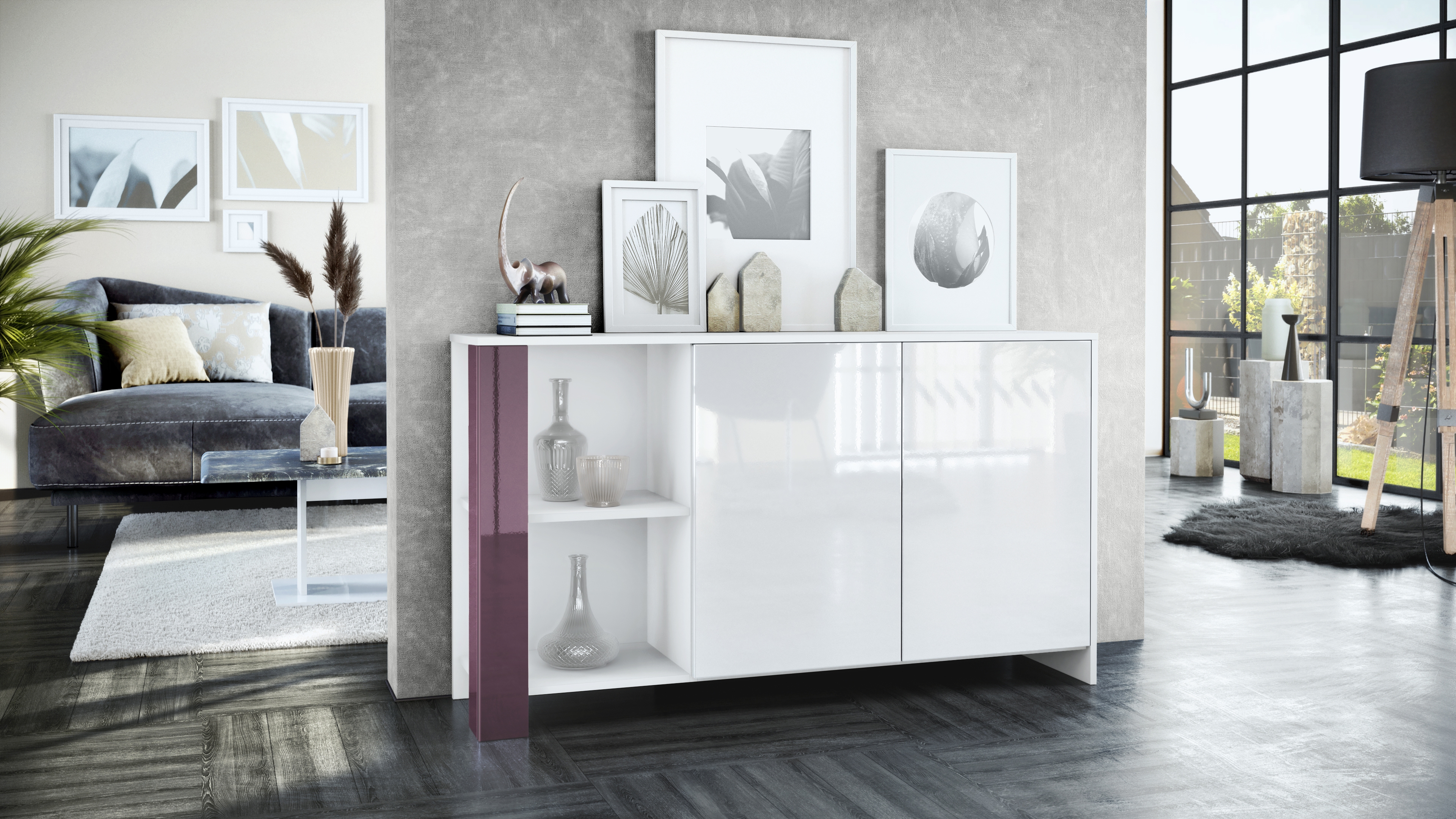 Sideboard Canto mit 2 Türen und 6 Fächern Weiß matt, Weiß Hochglanz, Brombeer Hochglanz