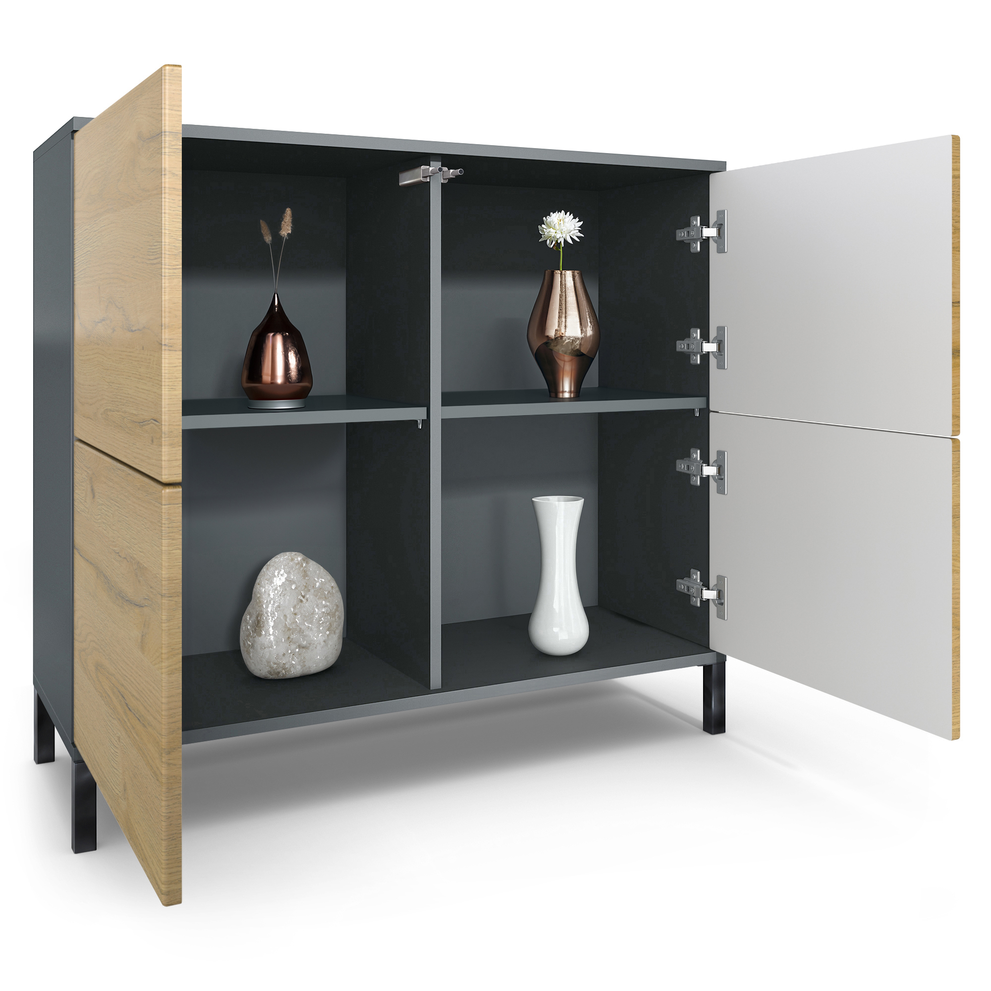 Rova V3 Kommode Anthrazit mit 4 Push-to-Open Türen Anthrazit matt / Grau Hochglanz (92,5 x 83.5 x 35)