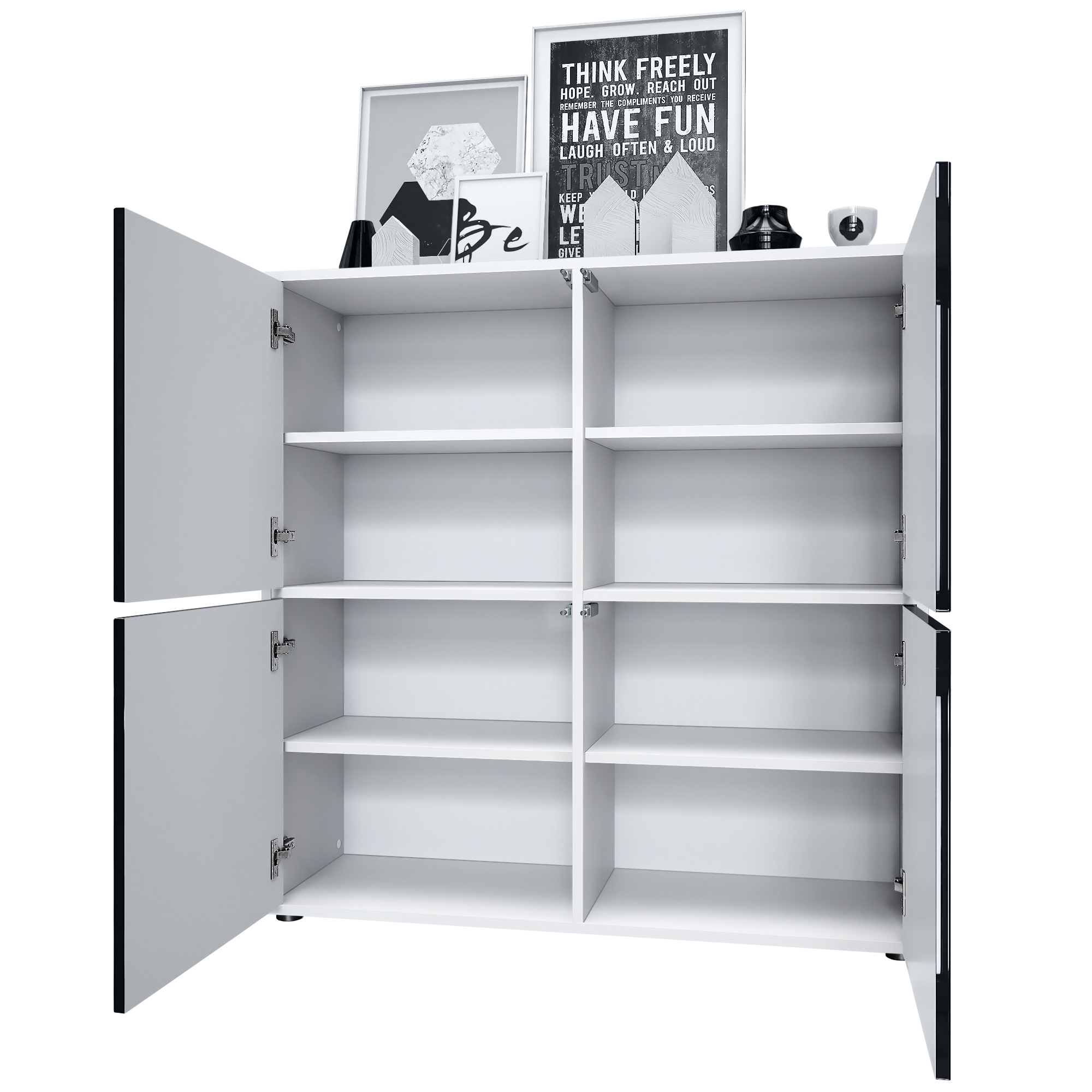 Highboard Cuba V2 Sideboard mit 4 Türen Push-to-Open, Made in Germany Weiß matt / Eiche Natur (104 x 105,5 x 35,5 cm)