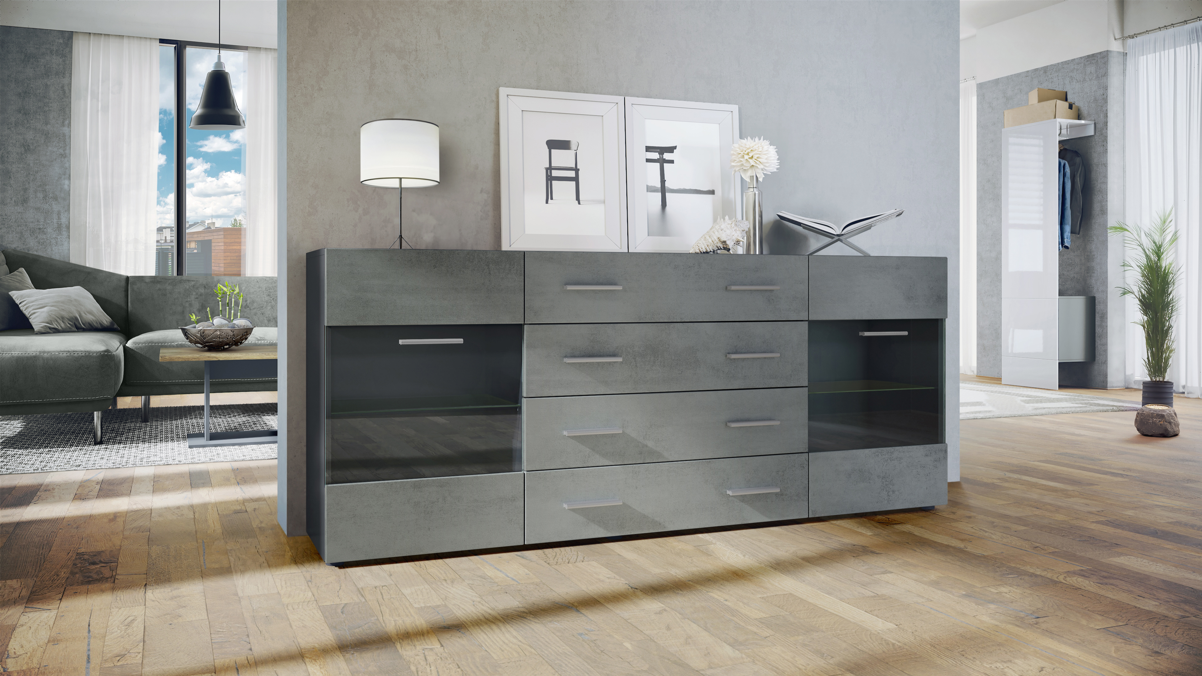 Sideboard Bari V2 4 Schubladen und 2 flexible Glaseinlegeböden Schwarz matt/Beton Dunkel Optik (166 x 72 x 35)