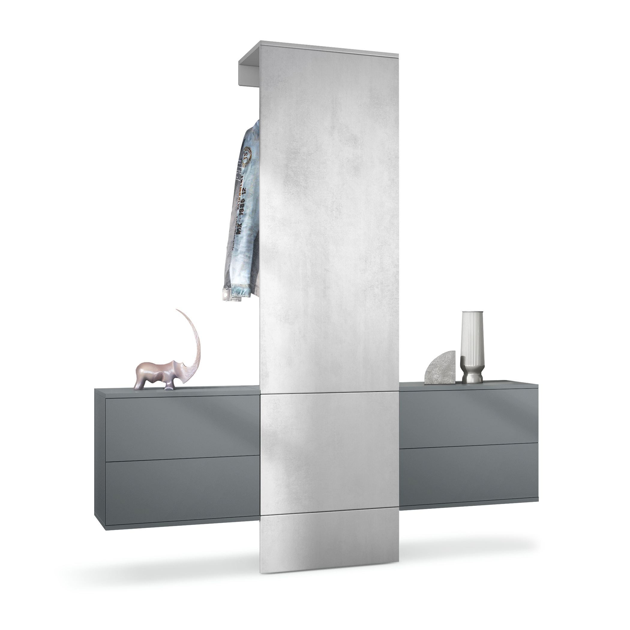 Garderobe Carlton Set 3 Anthrazit 4-tlg. 1 Paneel und 2 Schubkastenschränke Anthrazit matt/Beton Oxid Optik (157 x 193 x 35 cm)