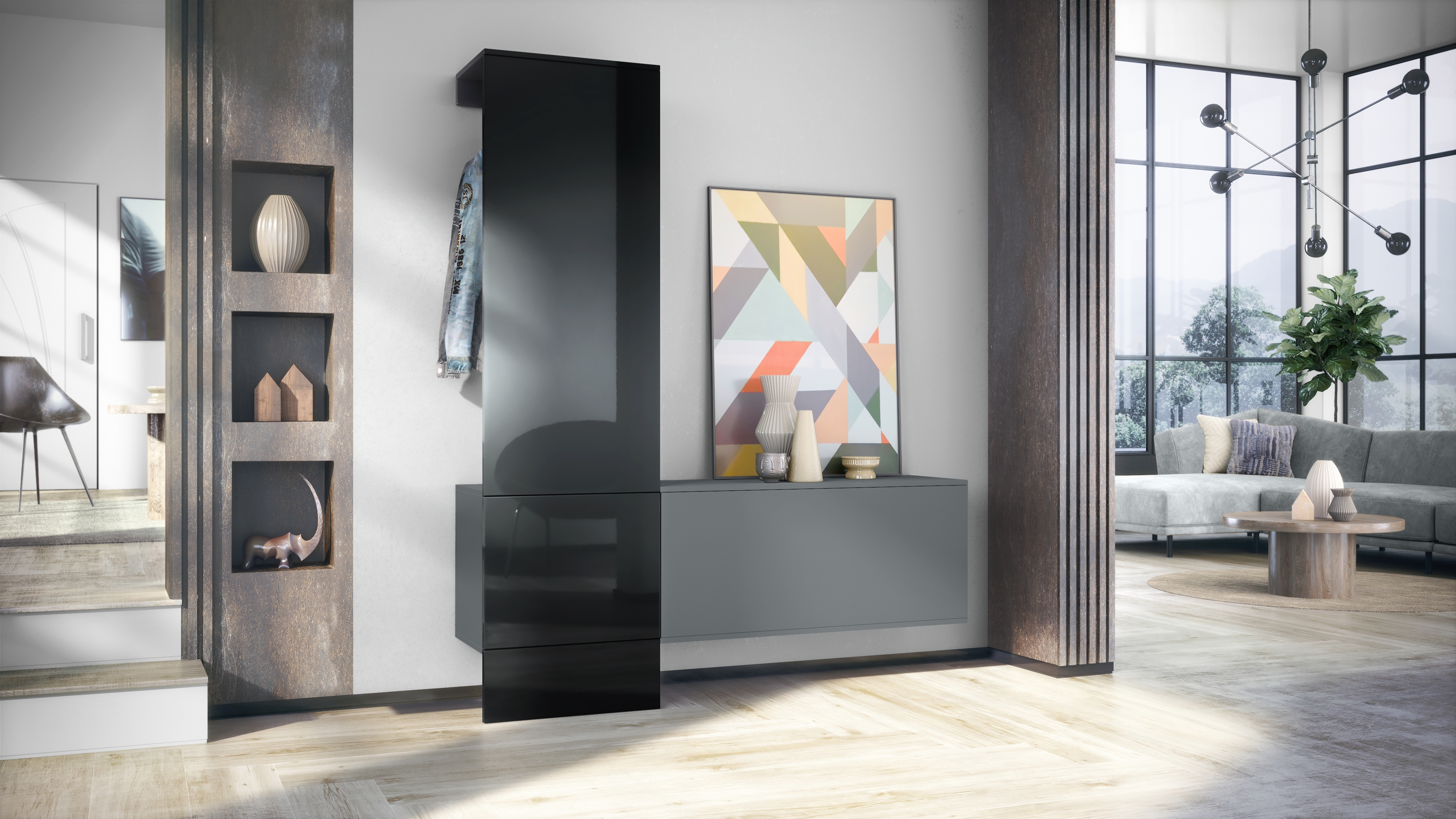 Garderobe Carlton Set 4 Anthrazit 3-tlg. 1 Paneel und 1 Schrankmodul Anthrazit matt/Schwarz Hochglanz (156,5 x 193 x 35 cm)