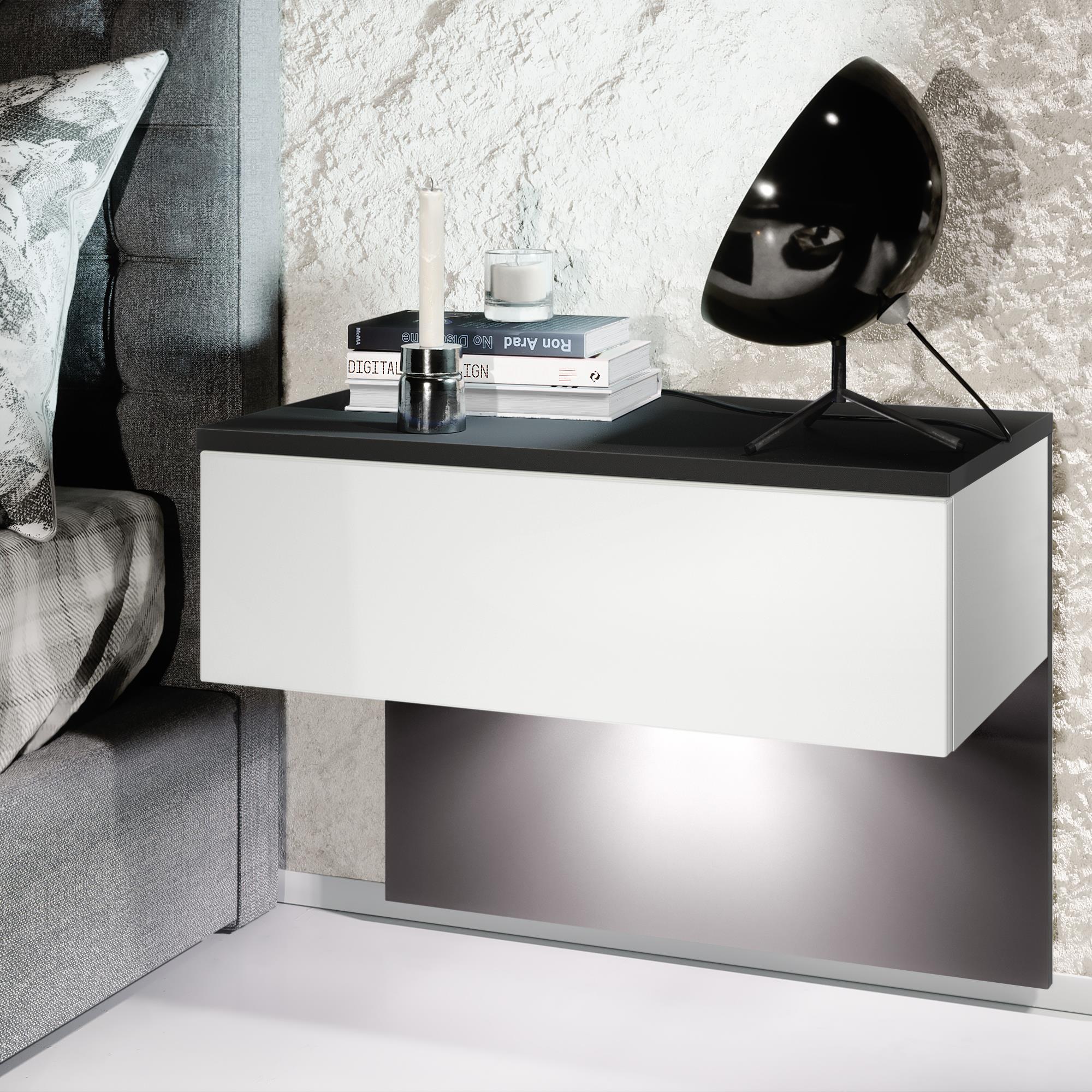 Nachttisch Sleep mit Schublade zur Wandmontage Schwarz matt/Weiß matt (60 x 46 x 35 cm) | Fronten in Weiß matt | mit LED Beleuchtung