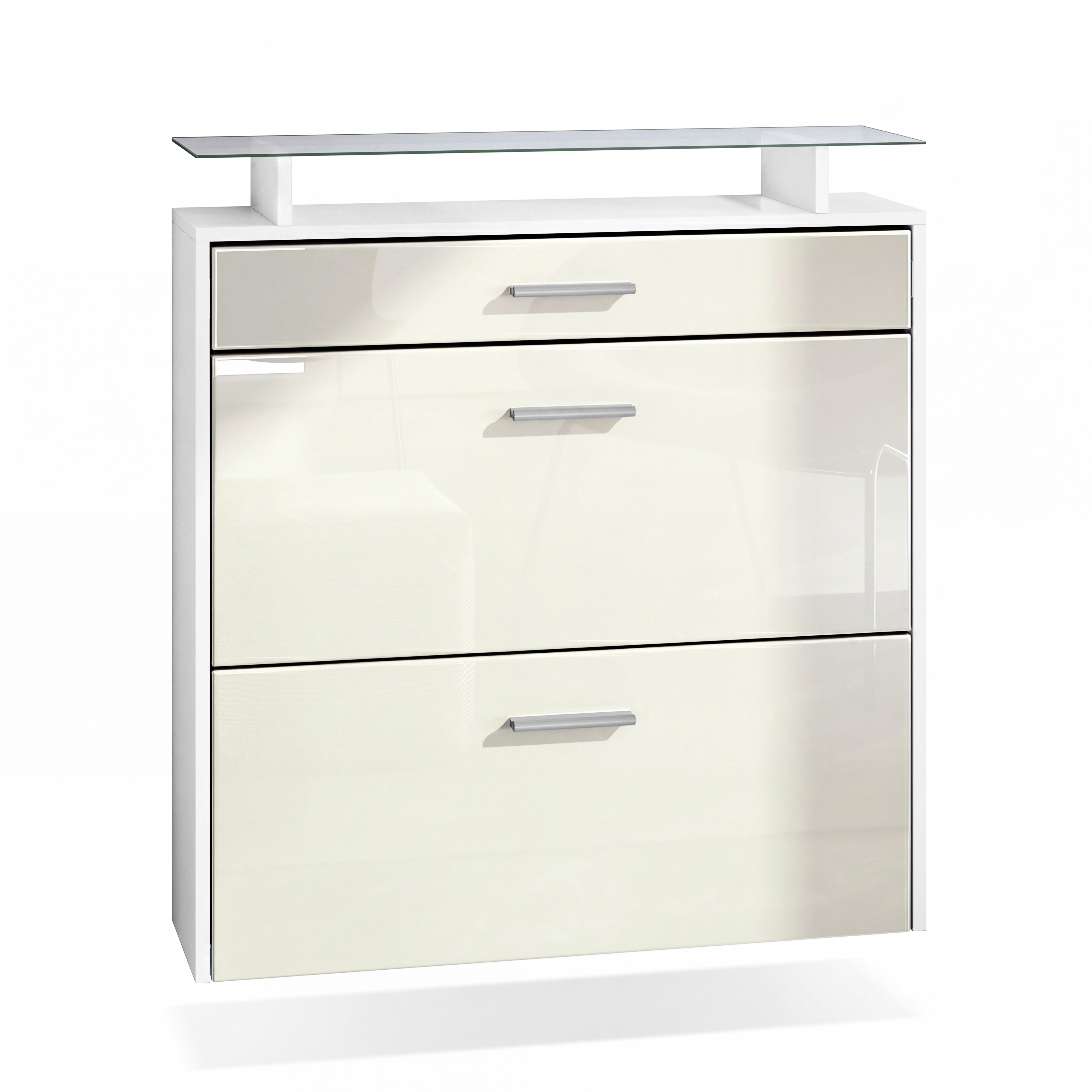 Schuhschrank Malea mit 2 Klappen und 1 Schublade und Glasablage Weiß matt/Creme Hochglanz (89 x 96 x 23 cm)