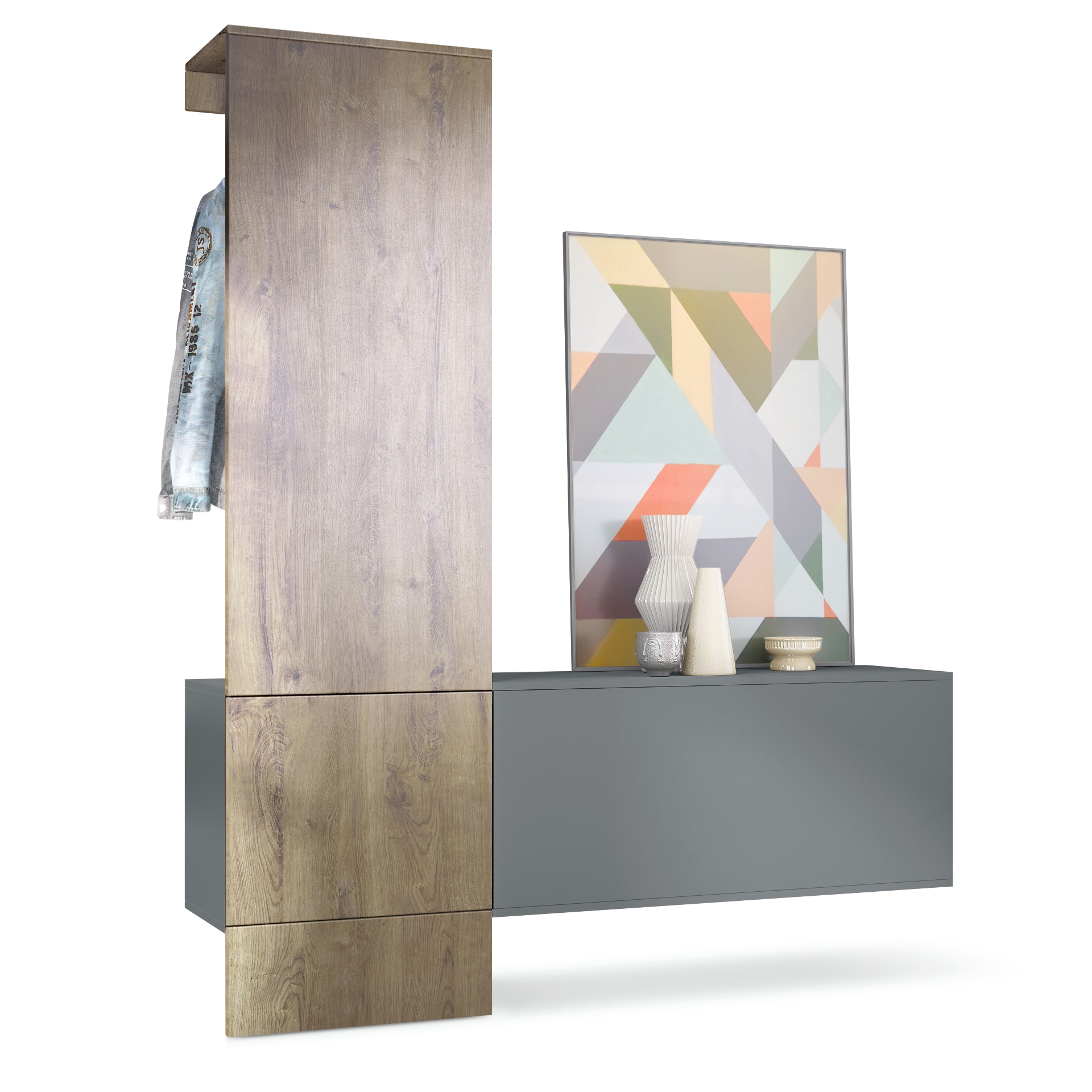 Garderobe Carlton Set 4 Anthrazit 3-tlg. 1 Paneel und 1 Schrankmodul Anthrazit matt/Eiche Ribbeck (156,5 x 193 x 35 cm)