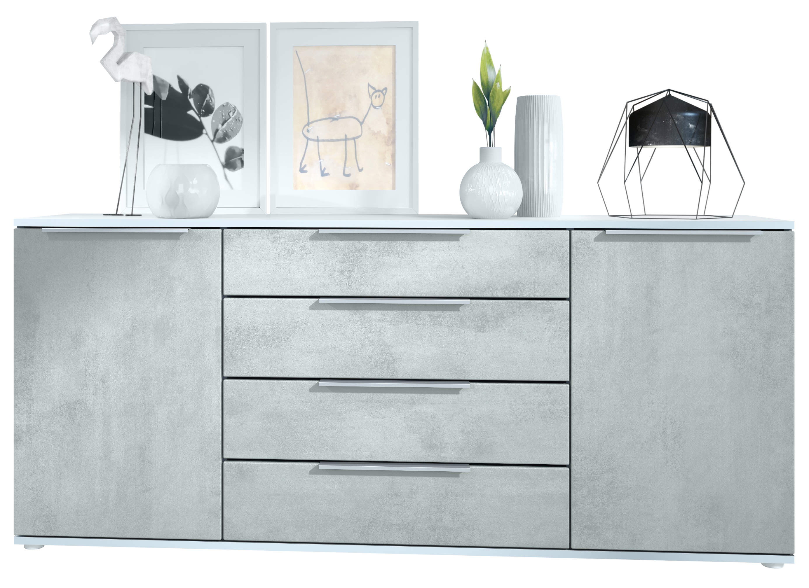 Linio V2 Sideboard mit 2 Türen und 4 Schubladen Weiß matt/Beton Oxid Optik (166,5 x 72,5 x 35 cm)