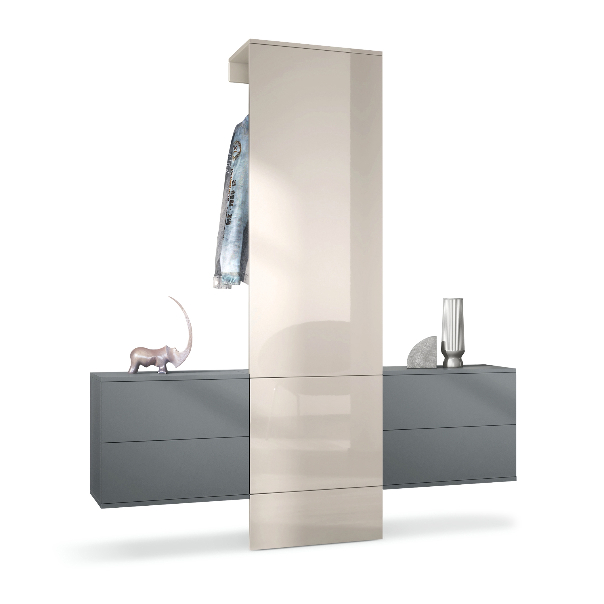 Garderobe Carlton Set 3 Anthrazit 4-tlg. 1 Paneel und 2 Schubkastenschränke Anthrazit matt/Sandgrau Hochglanz (157 x 193 x 35 cm)
