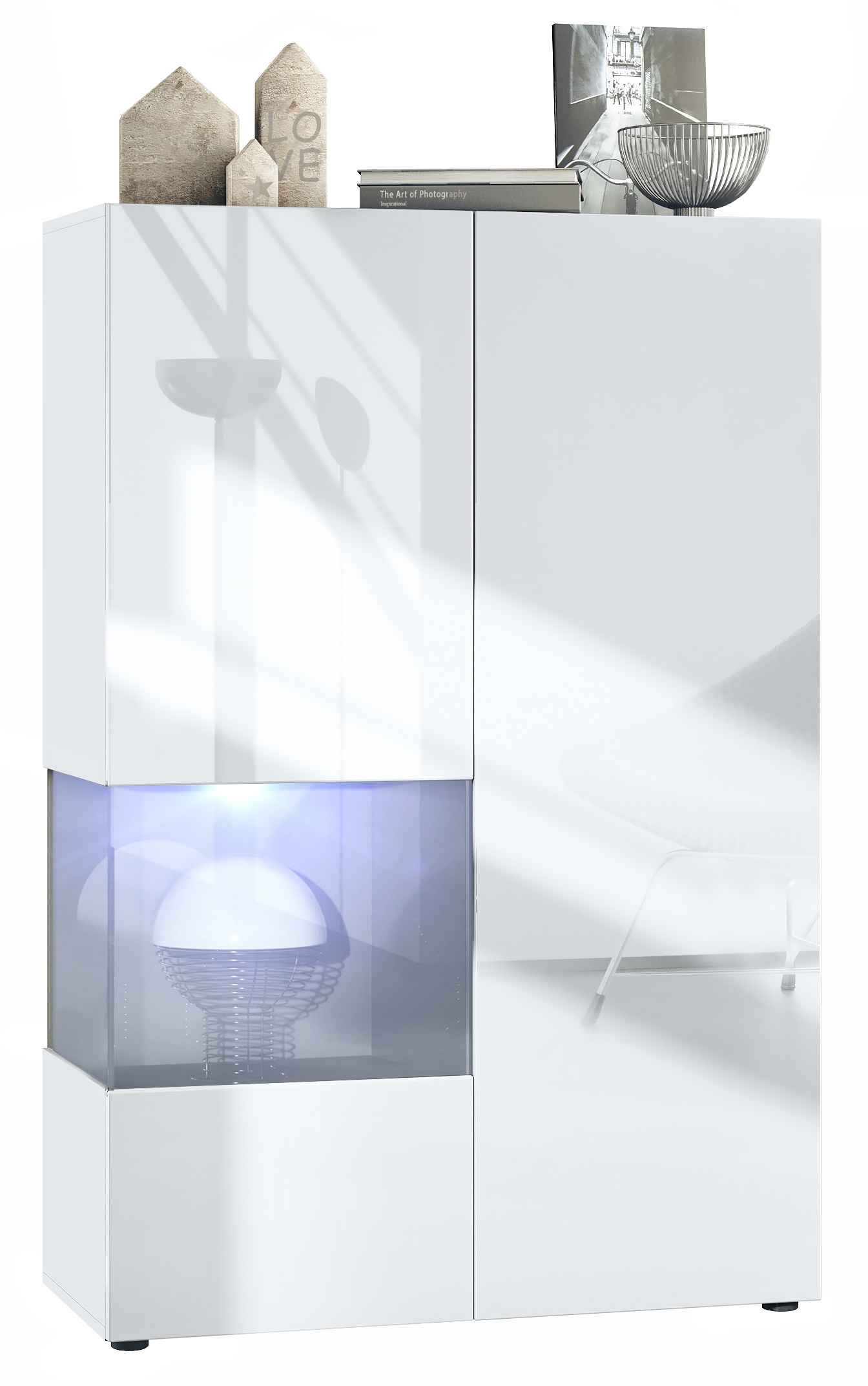 Vitrine Morena V2 mit 2 Türen und Glaseinsatz inkl. LED-Beleuchtung Weiß matt/Weiß Hochglanz/Grau Hochglanz (91,5 x 136,5 x 37 cm)