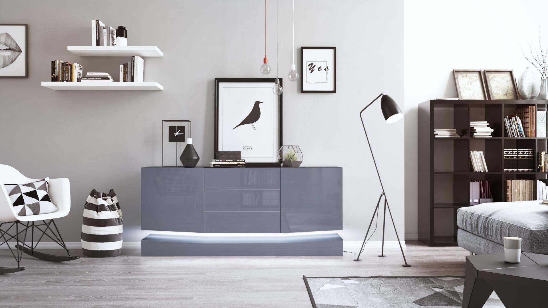 Sideboard City und 3 Schubladen inkl. LED-Beleuchtung Schwarz Hochglanz/Grau Hochglanz (178 x 72 x 38 cm)