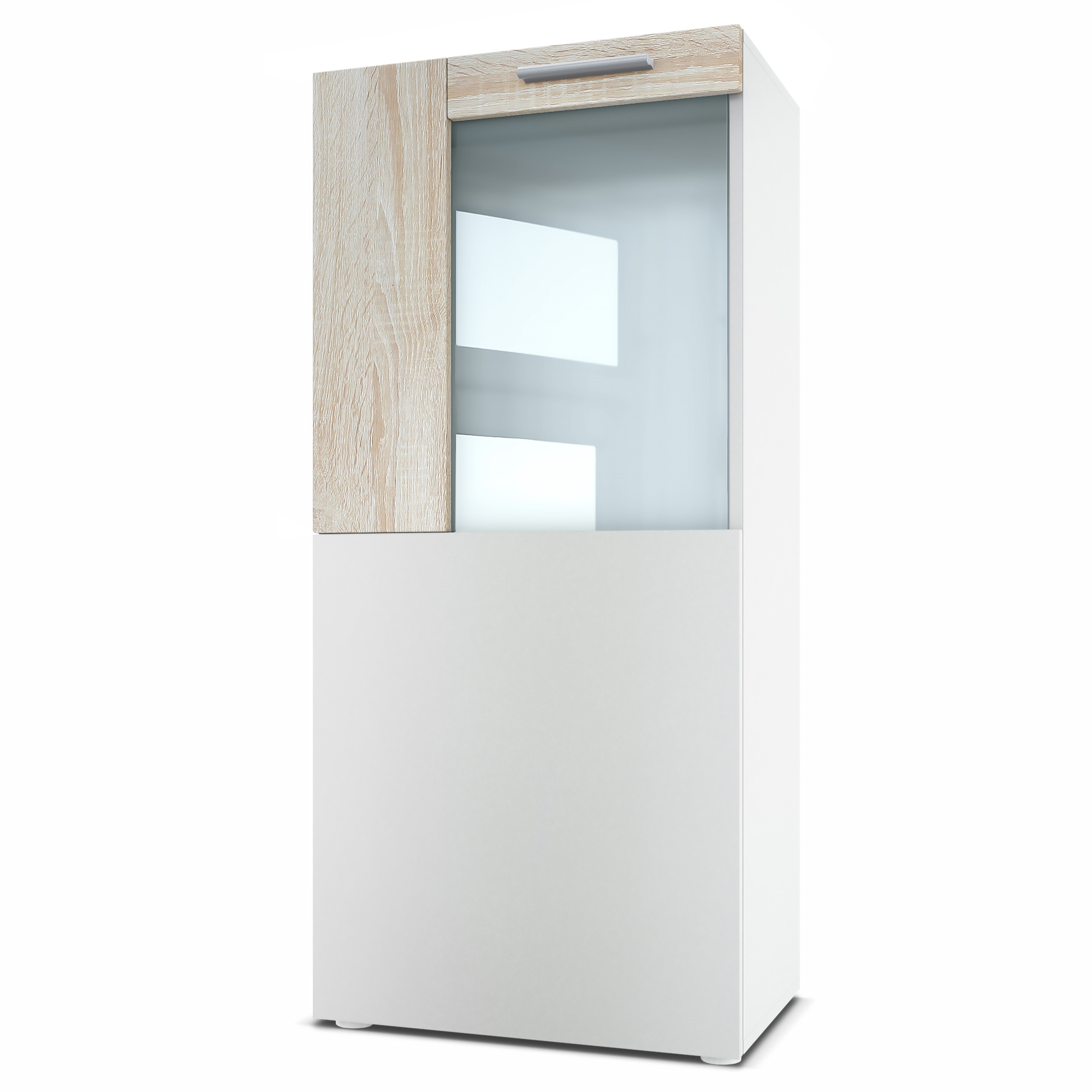 Vitrine Movie  mit 1 großen Tür, dahinter 2 geräumige Fächer Weiß matt/Eiche sägerau (51 x 110 x 31 cm)