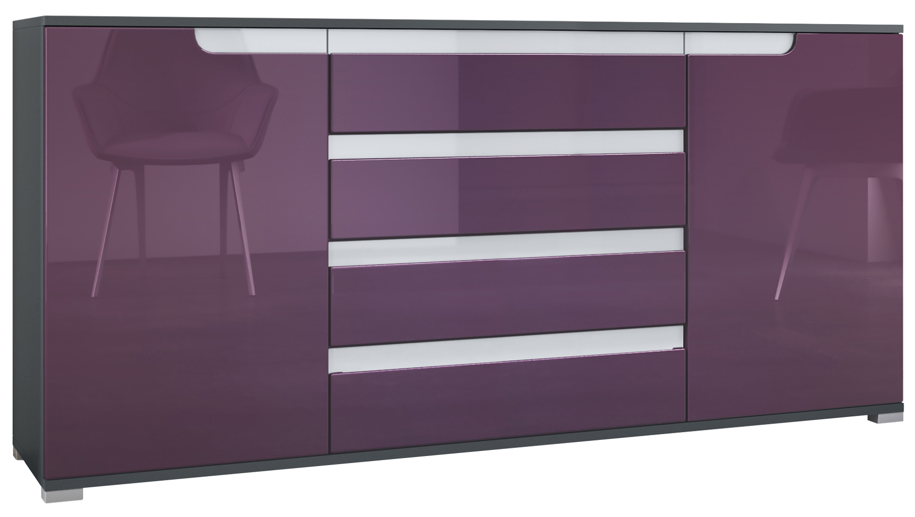 Sideboard Sylt V2 Anthrazit Korpus - Anthrazit matt / Front - Brombeer Hochglanz / Absetzung - Weiß Hochglanz (166,5 x 75,5 x 35 cm)